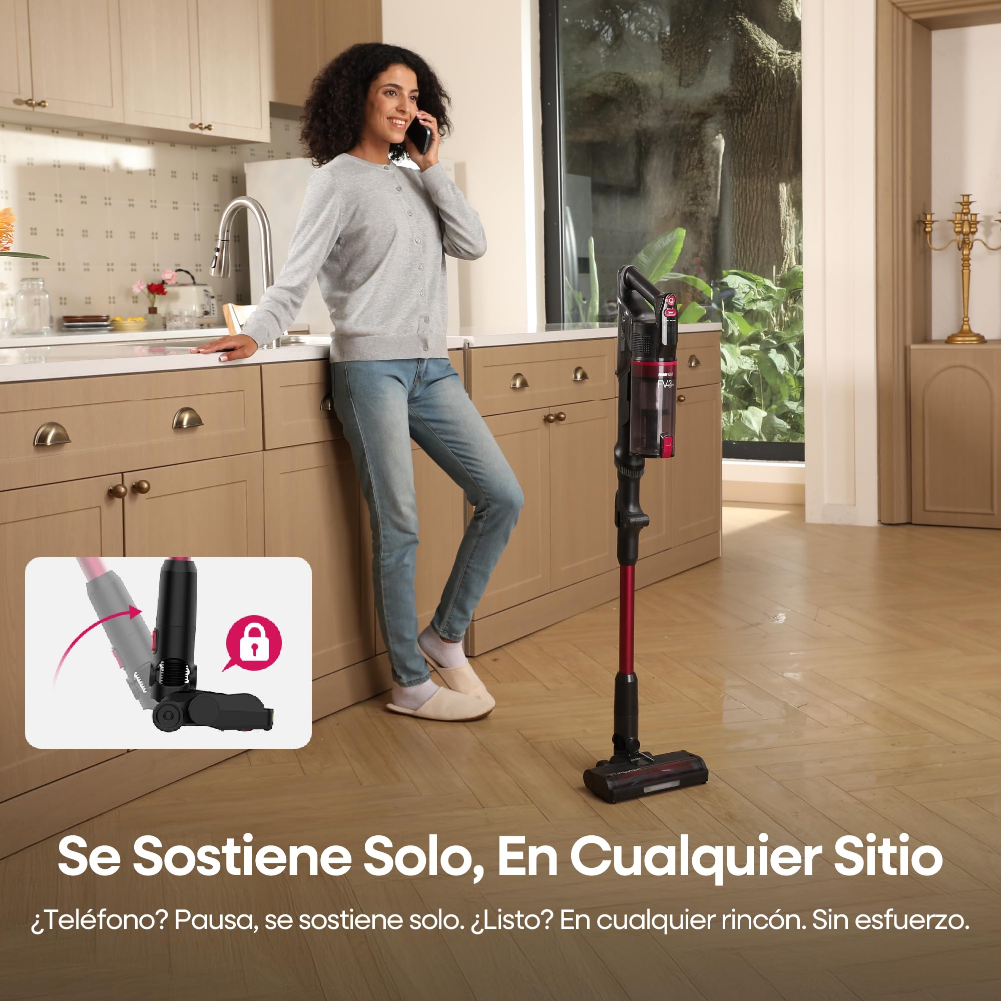 FAMIVAC FV3 Aspiradora sin Cable 60KPa/50Min/120㎡, Barra Plegable, Autoportante con Cepillo Antienredo y Luz Verde, Ligero de 1.5KG, Aspiradora de Mano para Suelos/Alfombras/Pelos/Coche