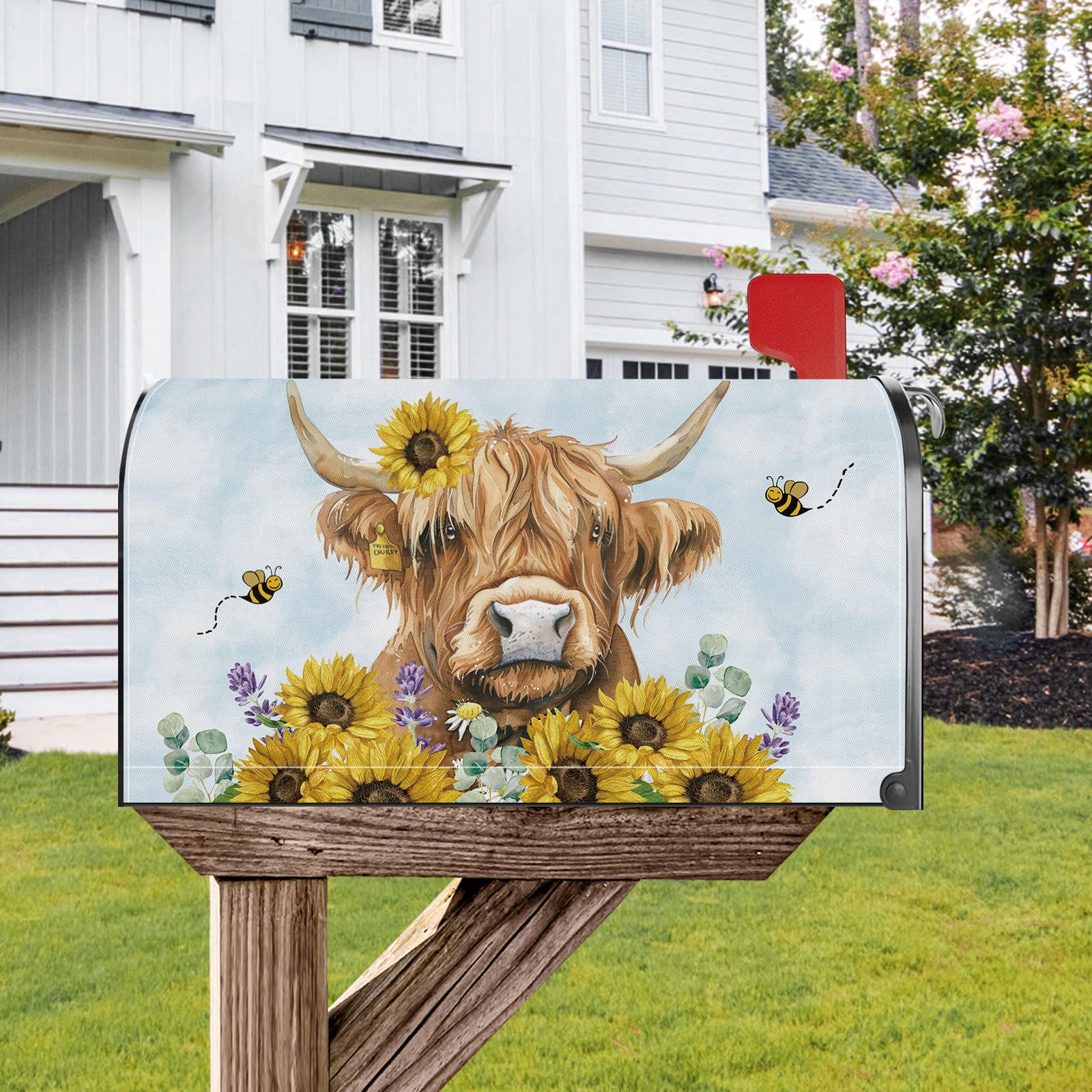 Buffalo Plaid Sunflower Magnetic Mailbox Cover - Waterproof 18x21" Standard Size Decor