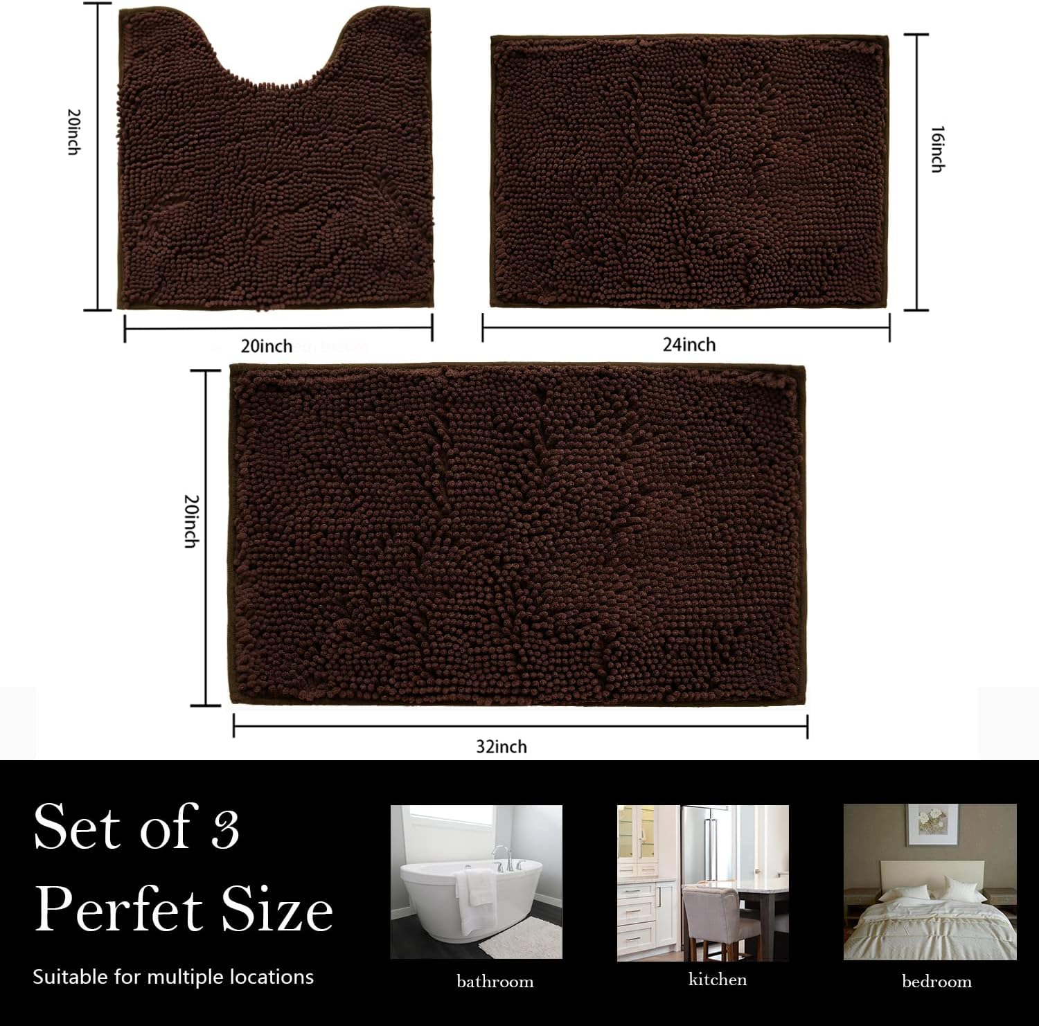 Bathroom Rugs Chenille Bath mat 3 Piece Set, Super Absorbent, Strong PVC Non Slip Backing, Bath mats for Bathroom, Plush Shaggy, Thick, Machine Washable, Bathtub, Shower, Toilet, Brown