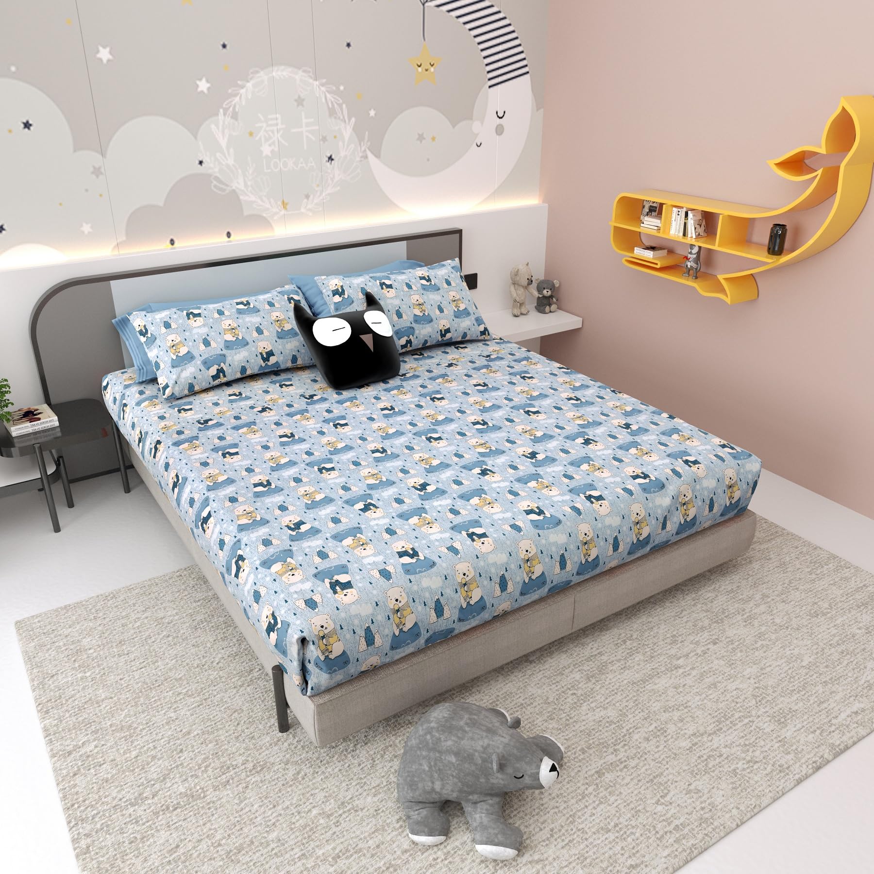 Cartoon Printed Premium Pure Cotton 300 TC King Size Bedsheet with 2 Pillow Cover, (100"x108" Inches), Pack of 1-picture-29
