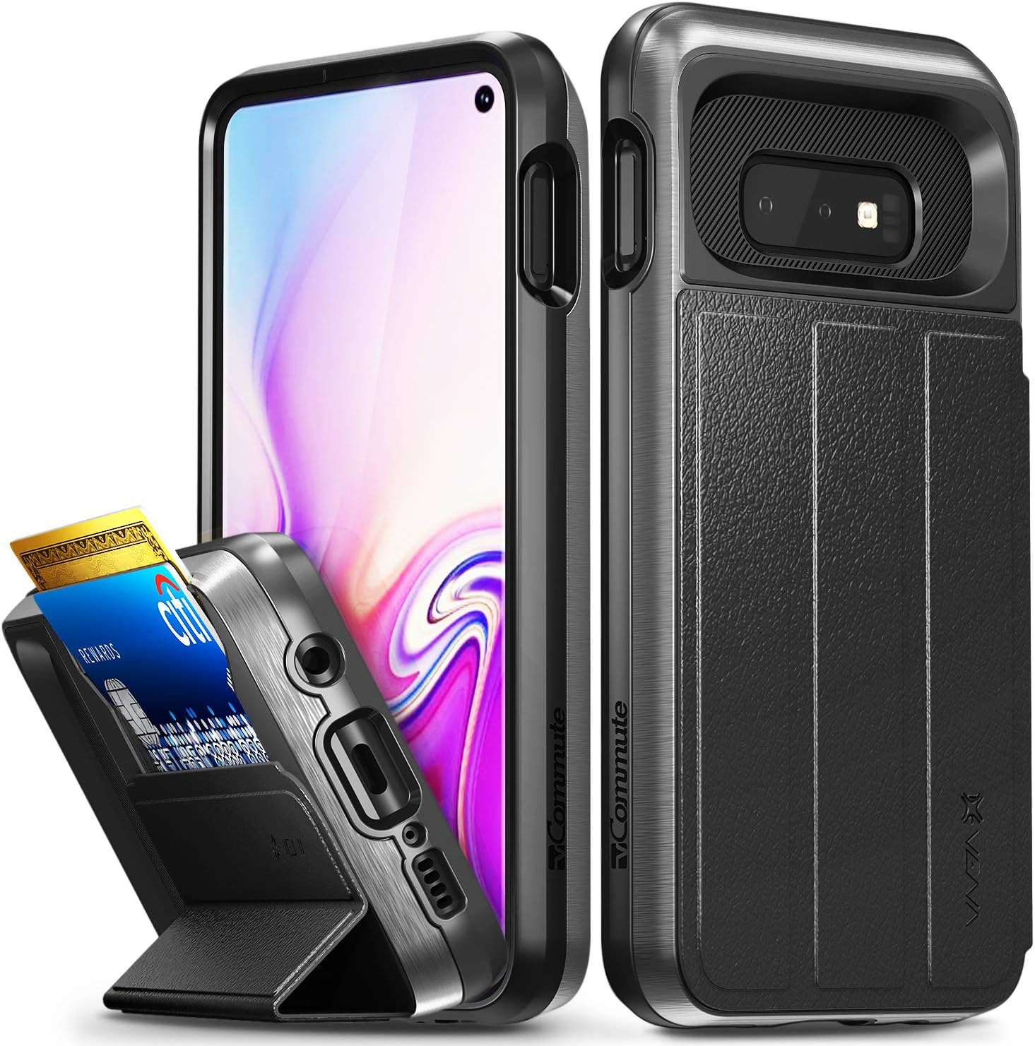 Vena Galaxy S10E Wallet Case, vCommute (Military Grade Drop Protection) Flip Leather Cover Card Slot Holder with Kickstand Designed for Samsung Galaxy S10e - Space Gray