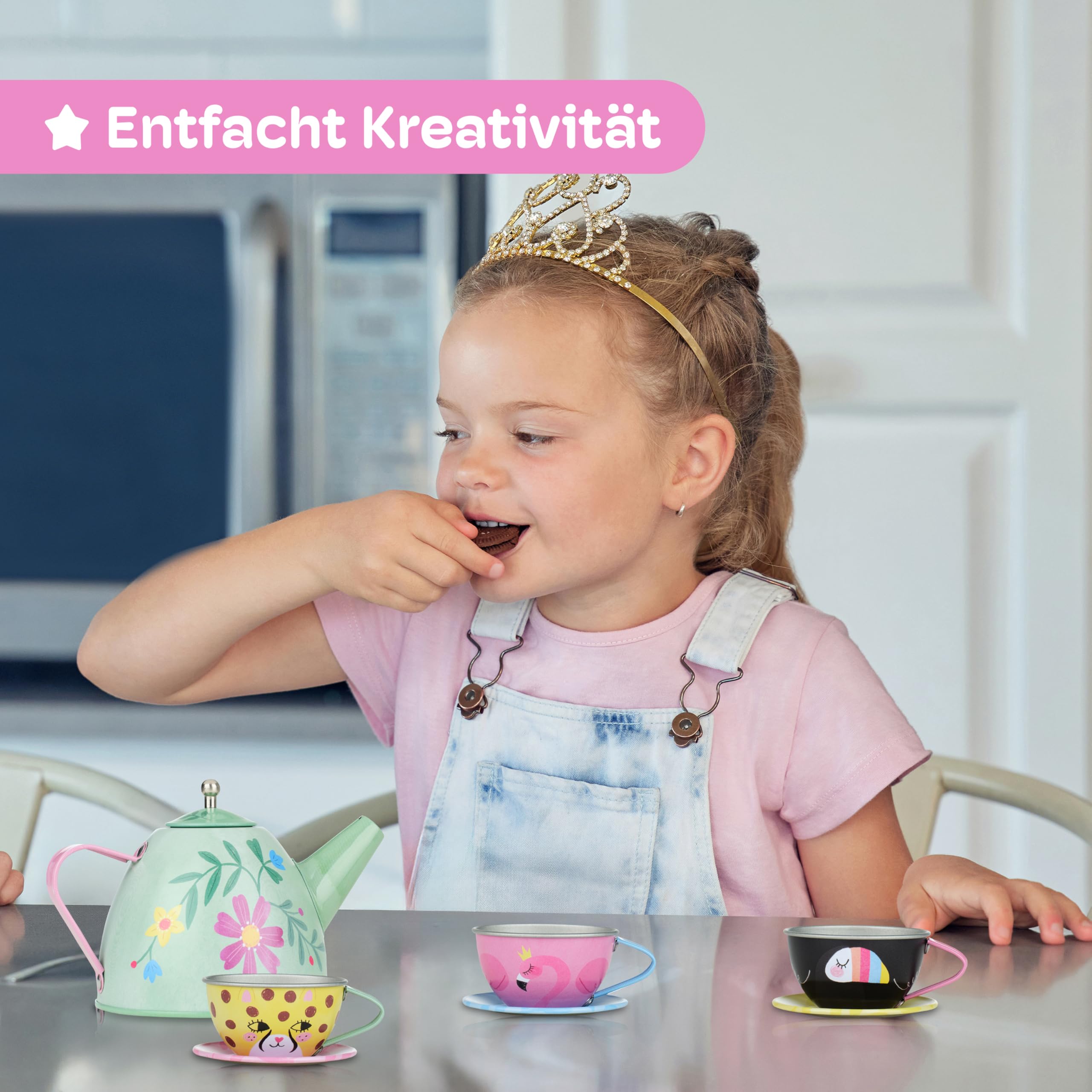 Jewelkeeper Teeservice für Kinder - Safari Design Kinder Teeservice, 15-teiliges Kindergeschirr für Spielküche und Kaffeekränzchen - Robuste Zinn-Konstruktion mit Tragetasche