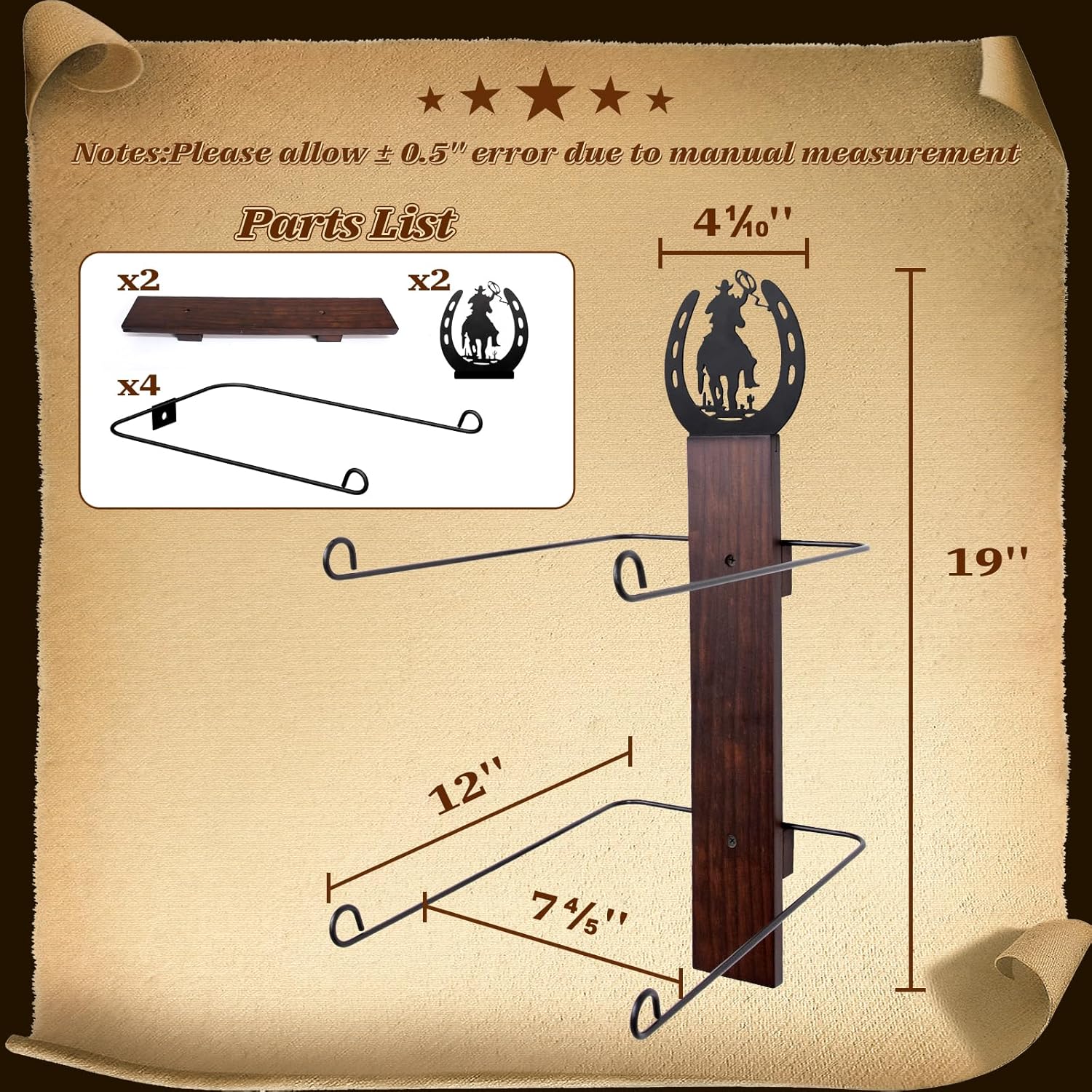 SCUNDA Cowboy Hat Rack for Wall, Rustic Western Hat Holder, Western Style Hat Organizer Hook for Home, Entryway, Ranch, or Cabin Décor
