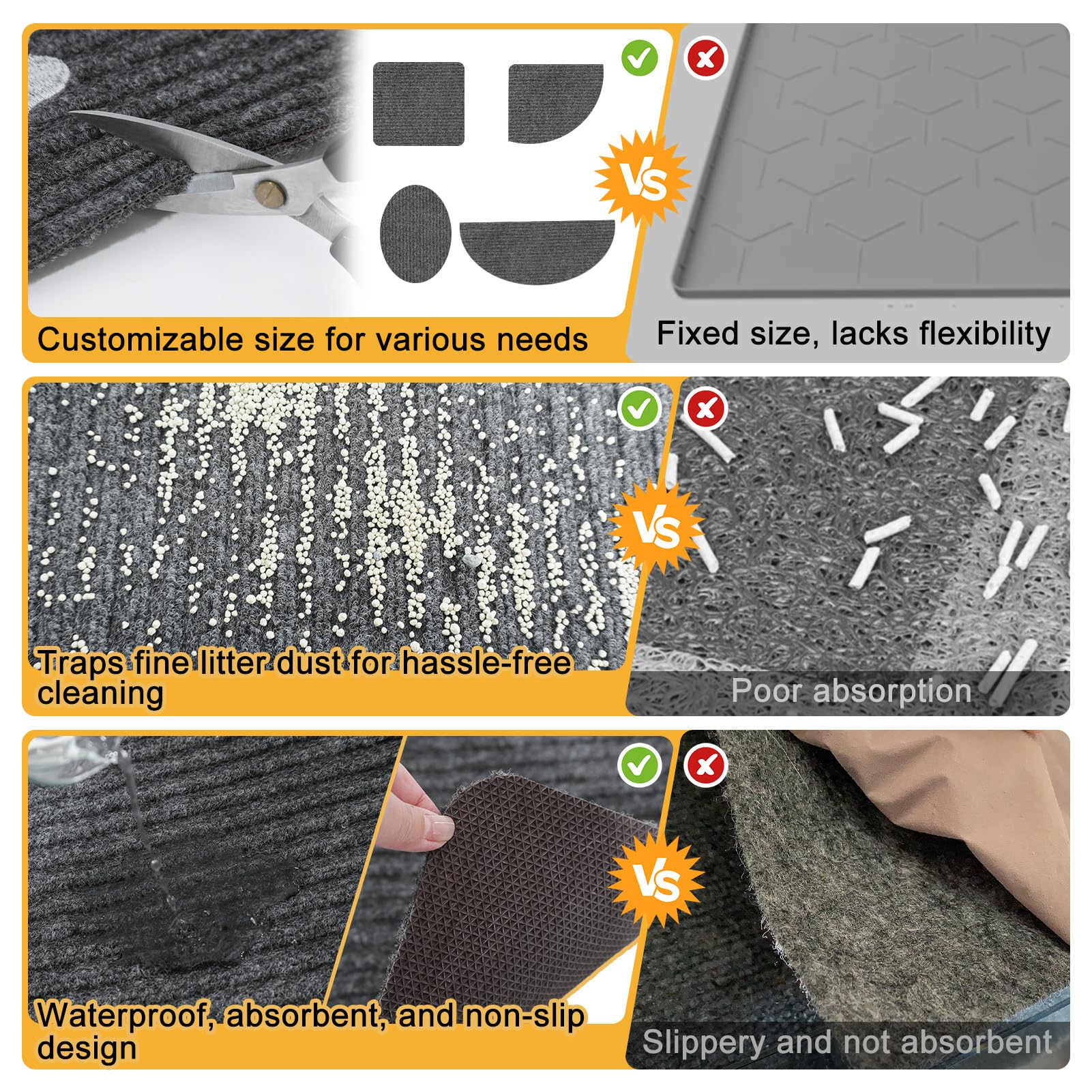 BEAUTYZOO Katzenklo Matte, 71,1 x 91,4 cm, langlebige Katzentoilettenmatte mit Streukontrolle, rutschfest, weniger Abfall, Katzenstreu, weich, leicht zu reinigen, wasserdicht, Grau