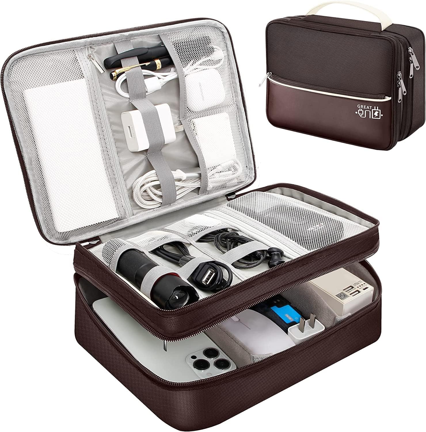 Electronic Organizer Bag, Three Layer Electronic Accessories Bag Organizer, Cable Organizer Bag, Gadgets Organizer Travel Case for Cables Earphone Flash Drive Phone Tablet Charger Mouse etc. (Brown)