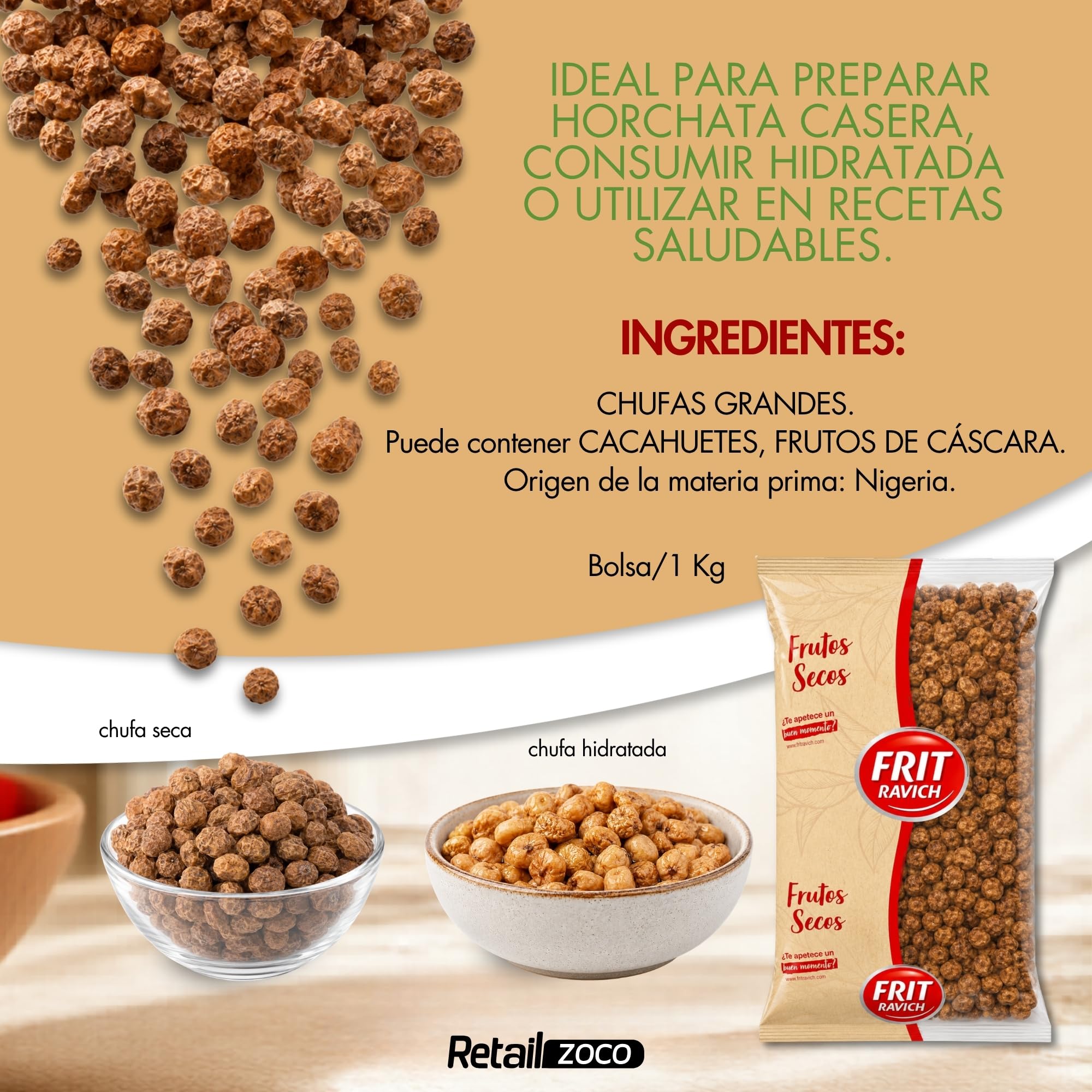 Chufas Grandes, Sin Gluten, Veganas, ricas en fibra, lo que contribuye a una buena digestión y ayuda a mantener un sistema digestivo saludable, Ideal Horchata Casera y Snacks, Contiene 1 bolsa de 1 Kg