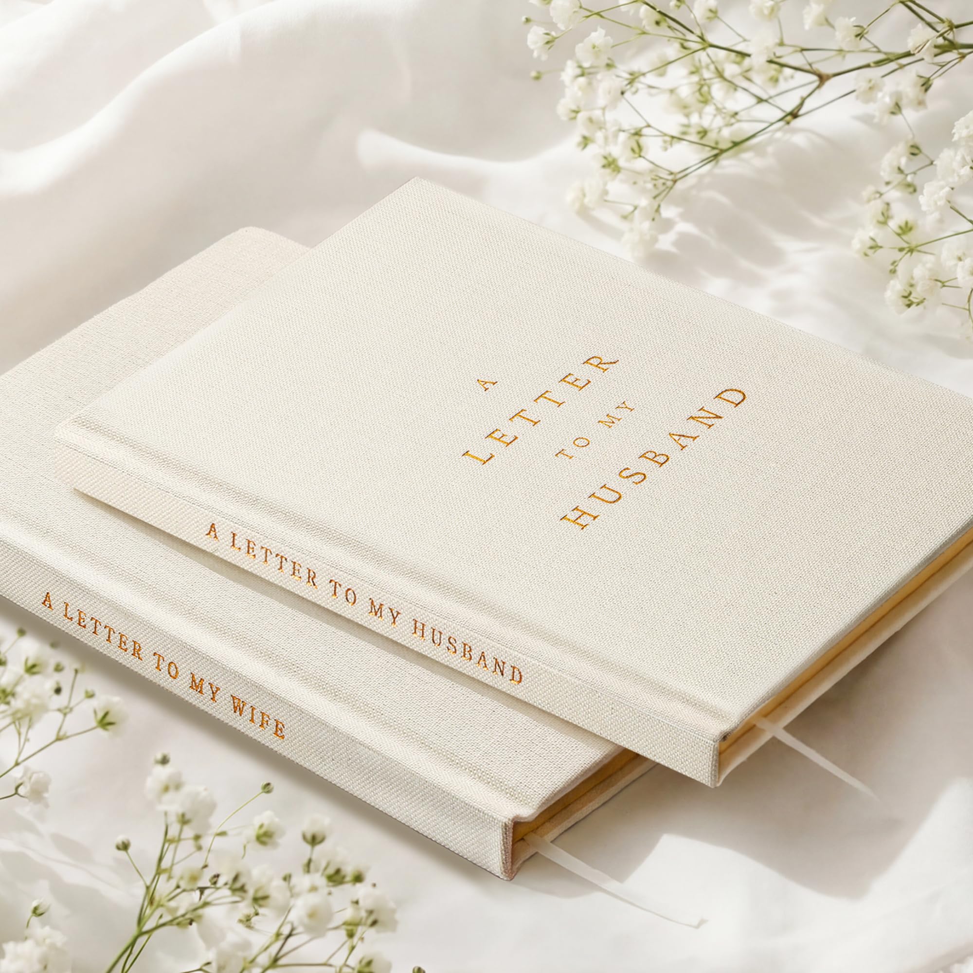 Juego de 2 libros de votos de boda para él y ella, idea de regalo para novia o novio, lámina dorada, 80 páginas a rayas, regalo esencial para invitados recién comprometidos (marfil)