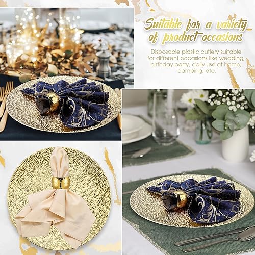 Miniatura 6 de Zhehao Juego de 12 platos dorados y servilleteros, 12 piezas de 13 pulgadas de textura redonda de burbujas con 12 servilleteros dorados para cena,