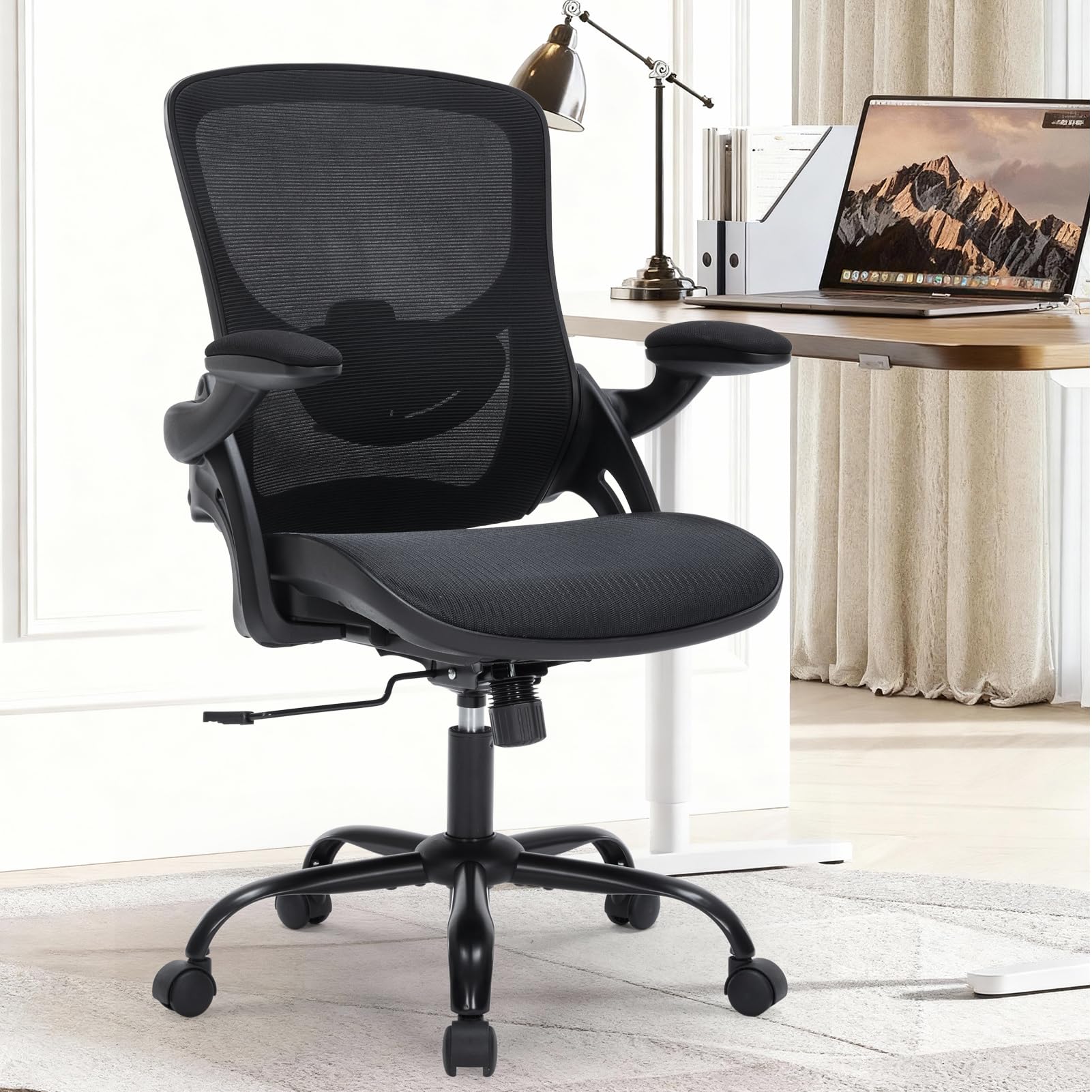 Office Chair, Ergonomic Desk Chair with Adjustable Lumbar Support, Comfy Breathable Mesh Chair with Wheels and Flip-Up Armrests, Executive Chairs for