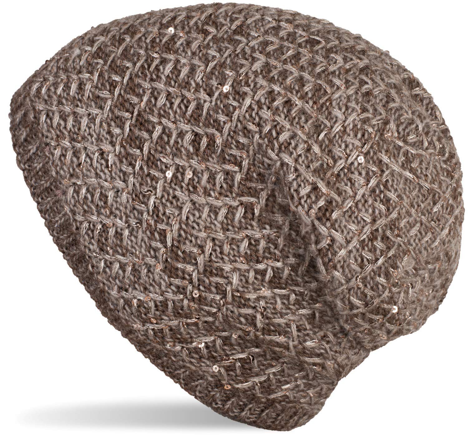 Stylebreaker Women's Brown Knit Beanie With Sequins And Thermo Fleece Lining, Slouch Long Beanie, Made In Poland 04024168, Colour: