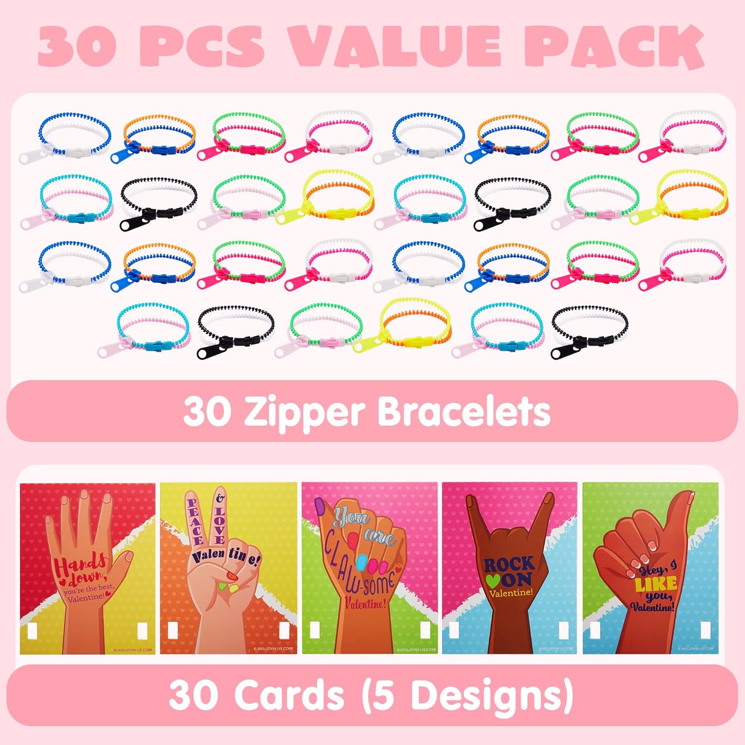 JOYIN 30 Packs Valentine's Day Zipper Bracelets with Cards, Friendship Zipper Bracelets Fidget Toys Stress Relief Toys for Kids Valentine's Classroom Gift Exchange Prizes, Valentine's Party Favors