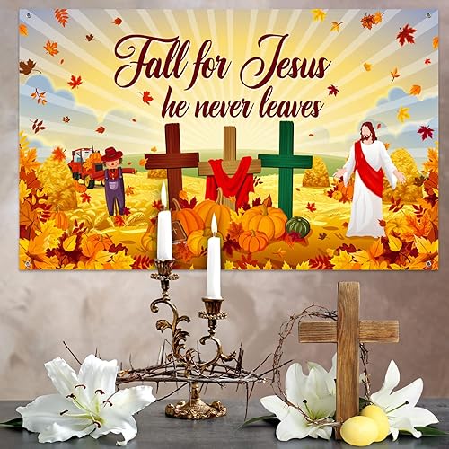 Miniatura 6 de Tiamon Fondo de otoño para Jesús, pancarta de otoño de calabaza, hoja de arce, decoración de la Biblia, religión cristiana, fondo de poliéster,