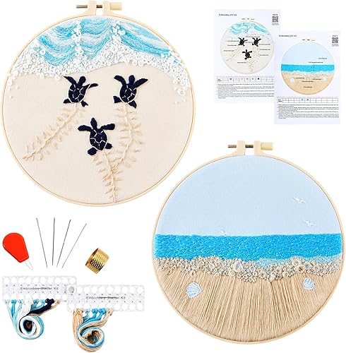 Kit de bordado para adultos principiantes, kits de punto de cruz estampado para adultos principiantes, kit de bordado a mano con diseño de océano