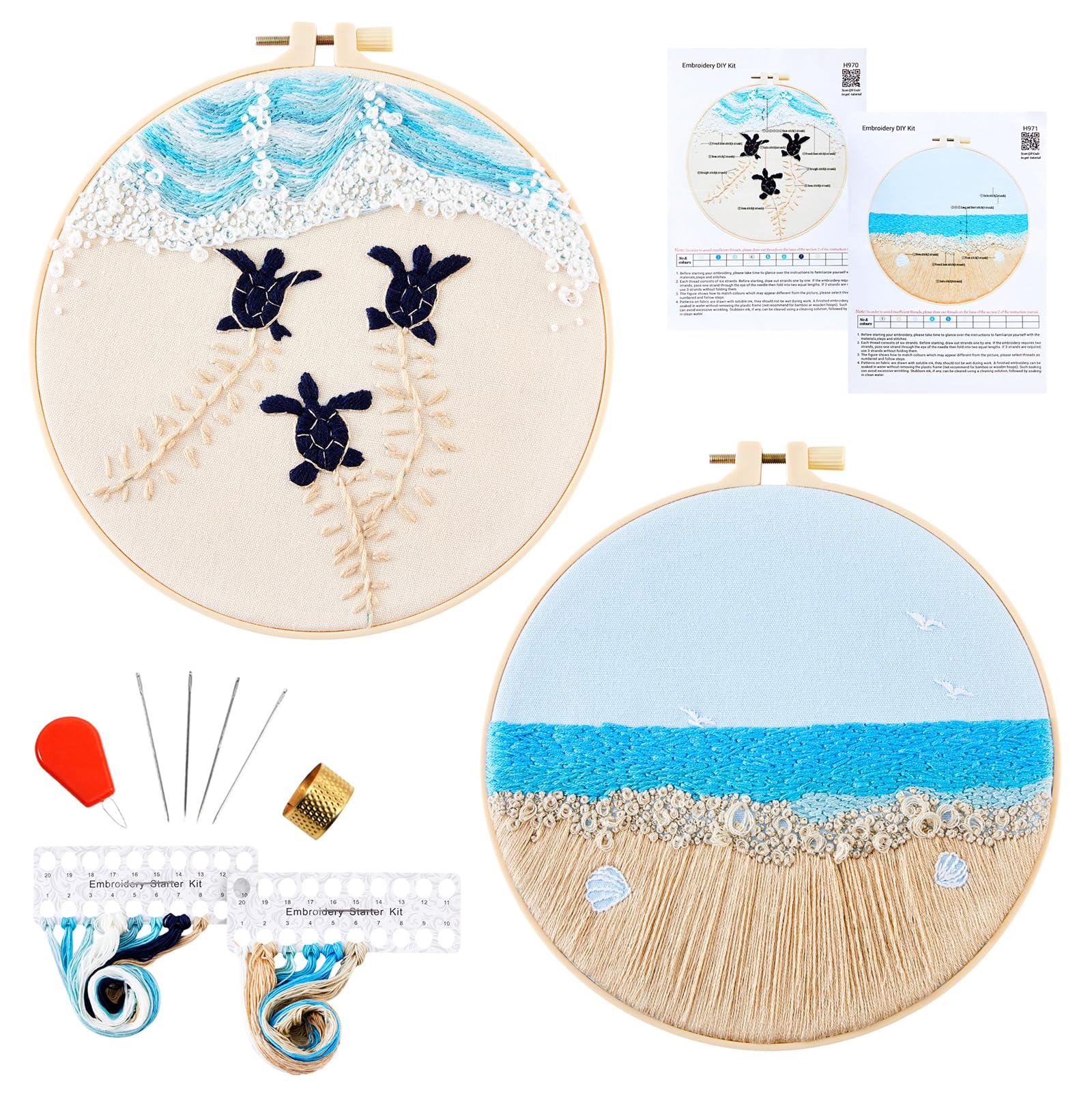 Embroidery Kit for Beginner Adults, Stamped Cross Stitch Kits for Adults Beginners, Ocean Hand Embroidery Starter Needlepoint Kit, 2 Set Embroidery Supplies, 2 Hoops (Attached Teaching Video QR Code) - 8inch - Beach