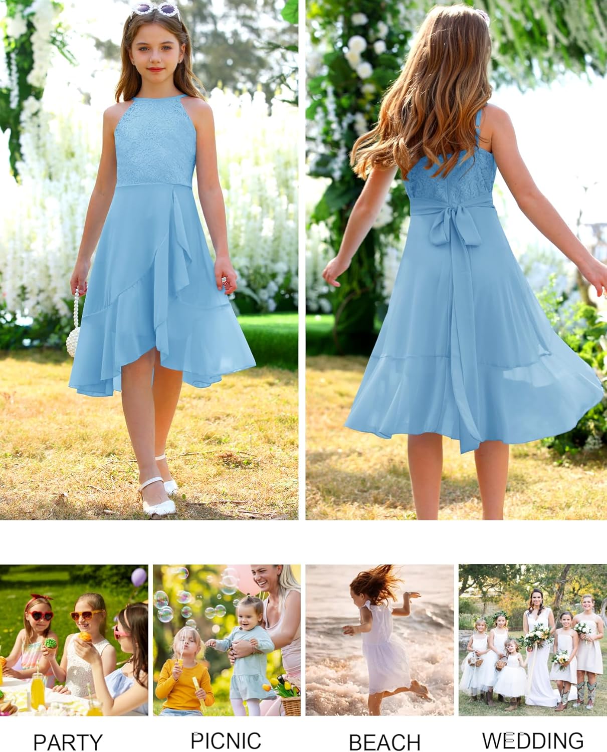 MITILLY Girls Lace Flower Ruffle Dress Chiffon Halter A Line High Low Flowy Junior Bridesmaid Dresses for Wedding Party - Image 5