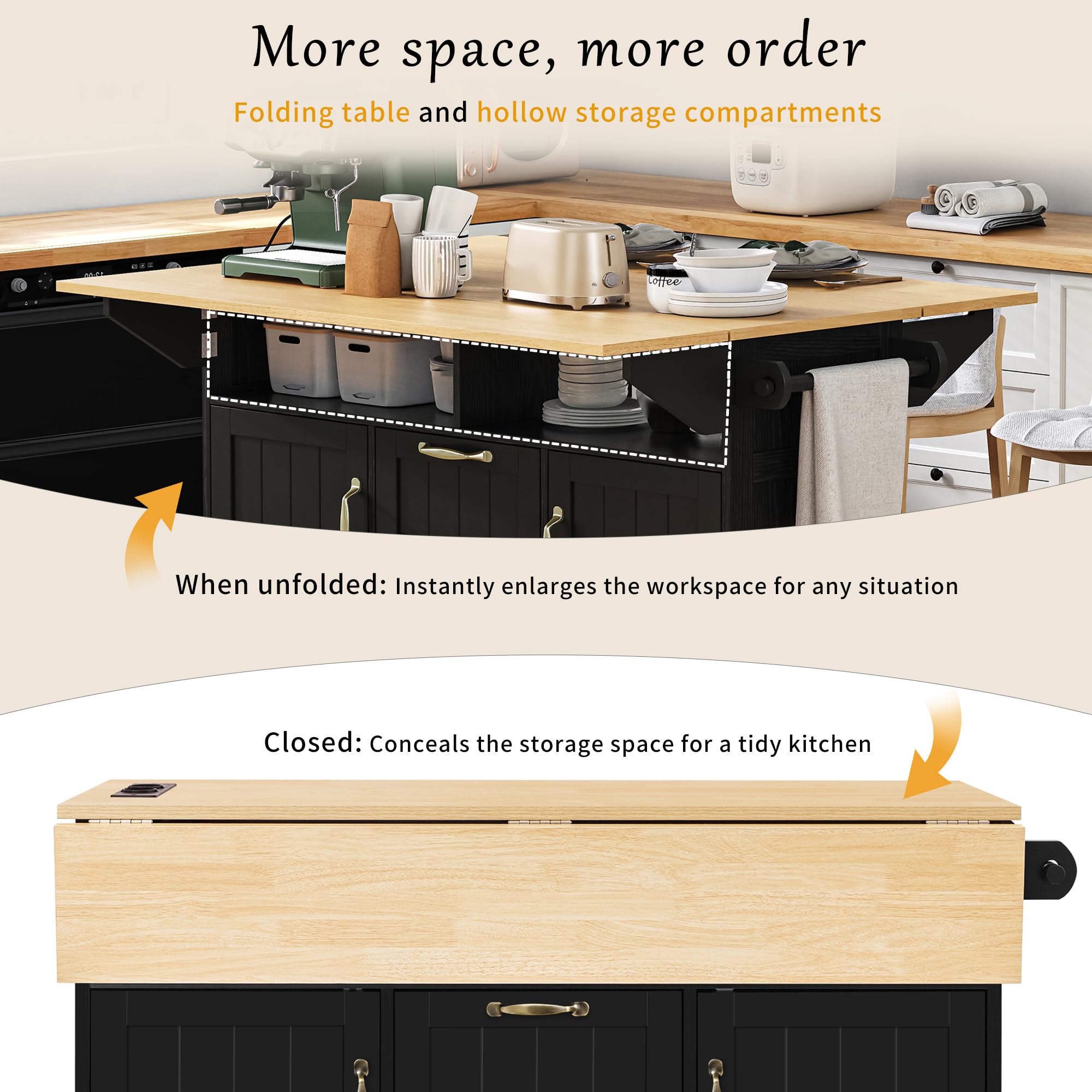 Îlot Central Cuisine, Meuble Cuisine avec Plan de Travail, Multiprises, Poubelle Cuisine, Tiroirs et Porte-Serviettes, Desserte Cuisine sur roulettes pour Cuisine et Salle à Manger, Noir