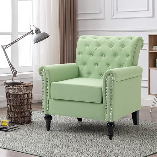 ARCLIS Silla de club, silla decorativa con botones para sala de estar, silla de lectura moderna de tela de lino de mediados de siglo, cómoda silla