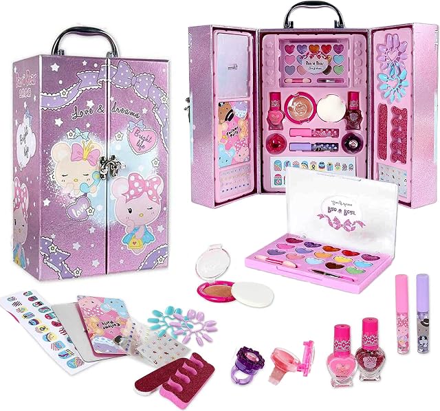 xwin sportseries Kids Portable Cosmetics Box, Kids Realistic Washable Makeup Set Kids Hairdressing Tool Set, Hair Beauty Set, Non Toxic Water Based Makeup Kids Gift Set