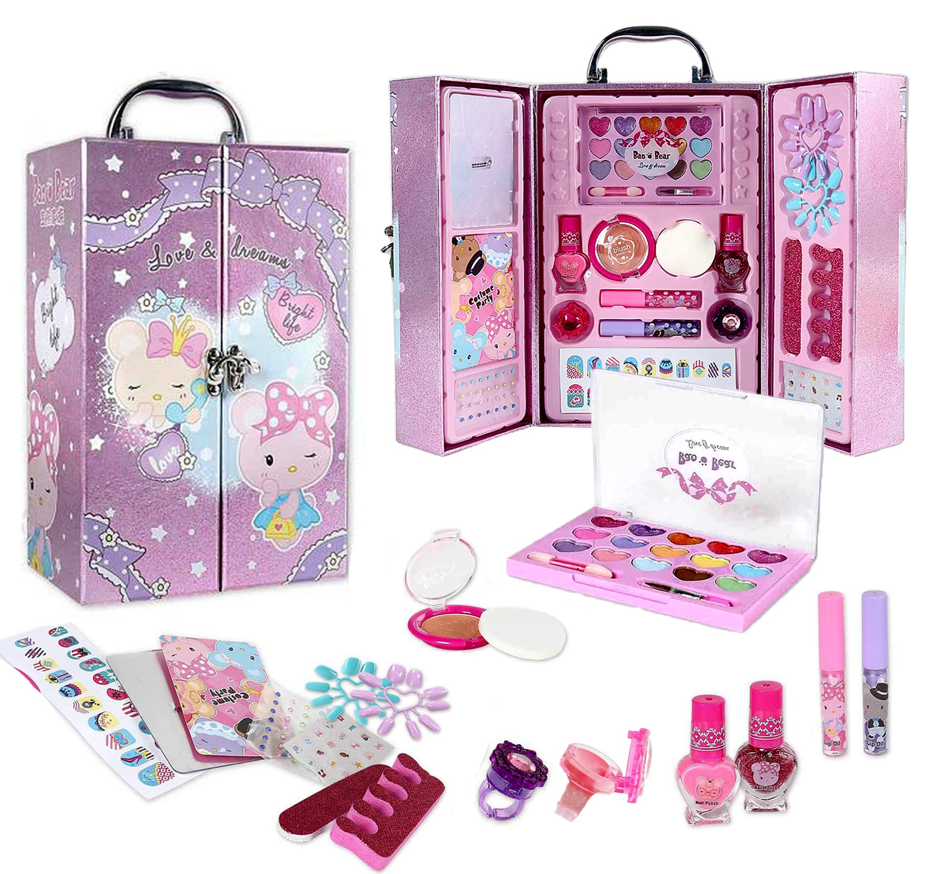 Xwin Kids Makeup Sets for Girls -27Pcs Vanity Case with Mirror, Eye Shadow, Lip Gloss, Nail Polish, Fake Nails, Rings etc., Washable Pretend Play Cosmetics Box for Girls Ages 5+ Years