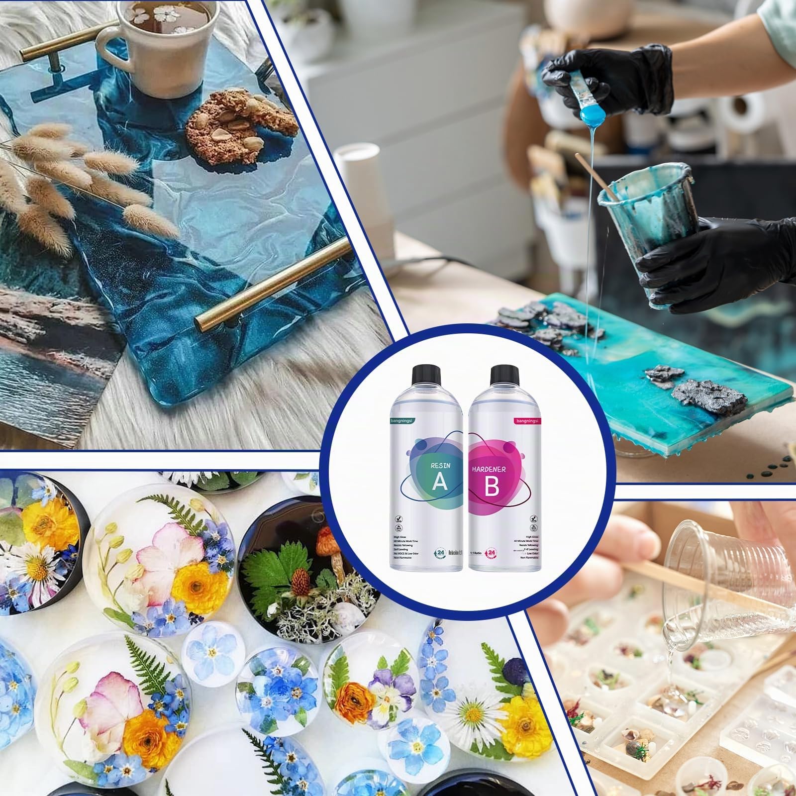 Resina Epoxi Kit 1L (500ml Resin + 500ml Hardener), 1:1 Ratio Crystal Clear Casting Resin Set with Gloves, Measuring Cups & Sticks – Ideal for Wood, Jewelry, Art & DIY Crafts