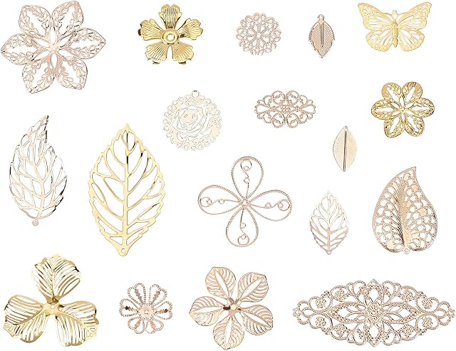 PandaHall 18 Style Golden Filigree Pendant Links Leaf Flower Iron Metal Connector Charms Embellishments for DIY Earrings Hairpin Headwear Necklace Jewelry Making
