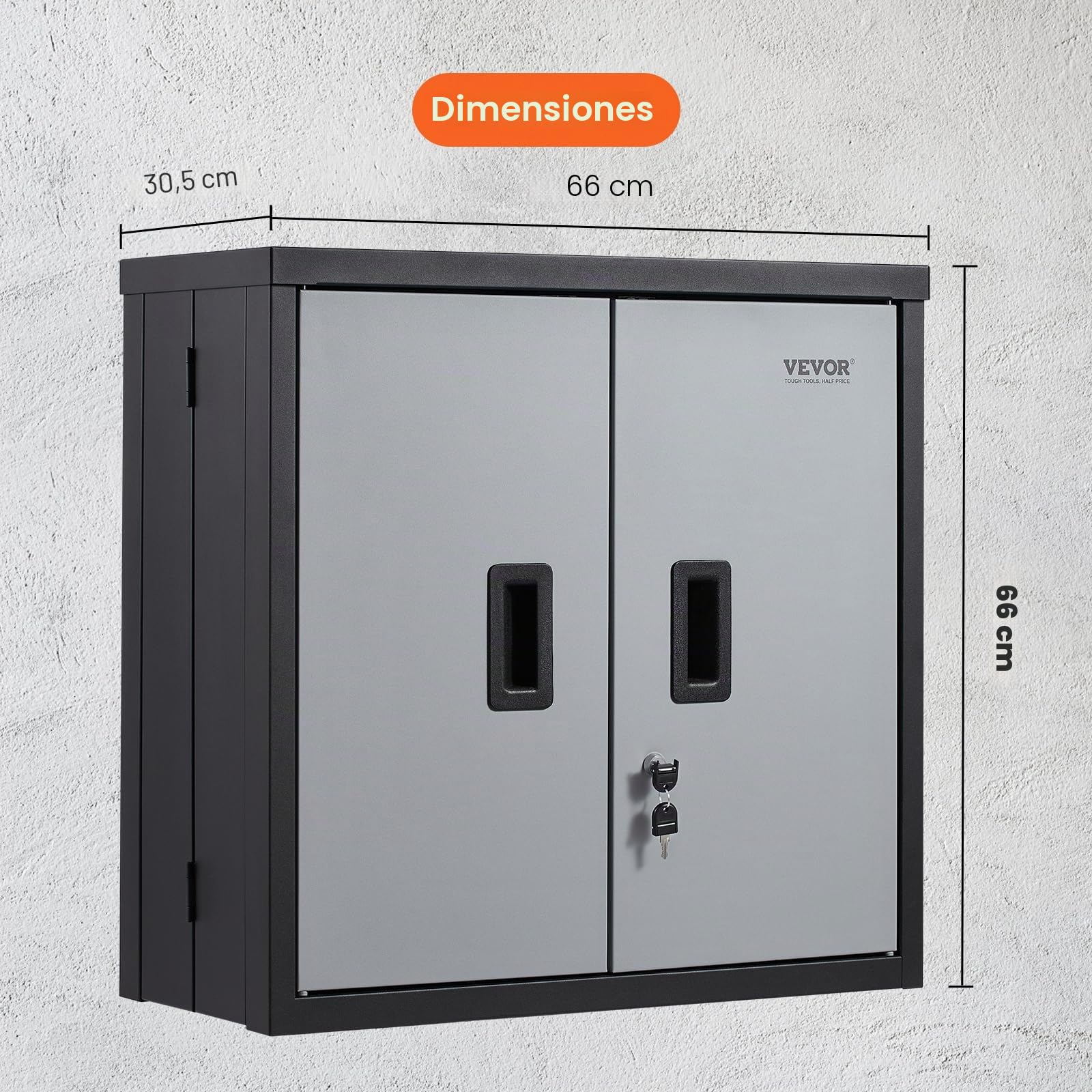 VEVOR Gabinete de Almacenamiento para Garaje 660x305x660 mm Armario de Herramientas Montado en Pared, Carga Total de 108,8 kg Estante Ajustable con Puerta Magnética para Taller, Almacén, Hogar, Negro