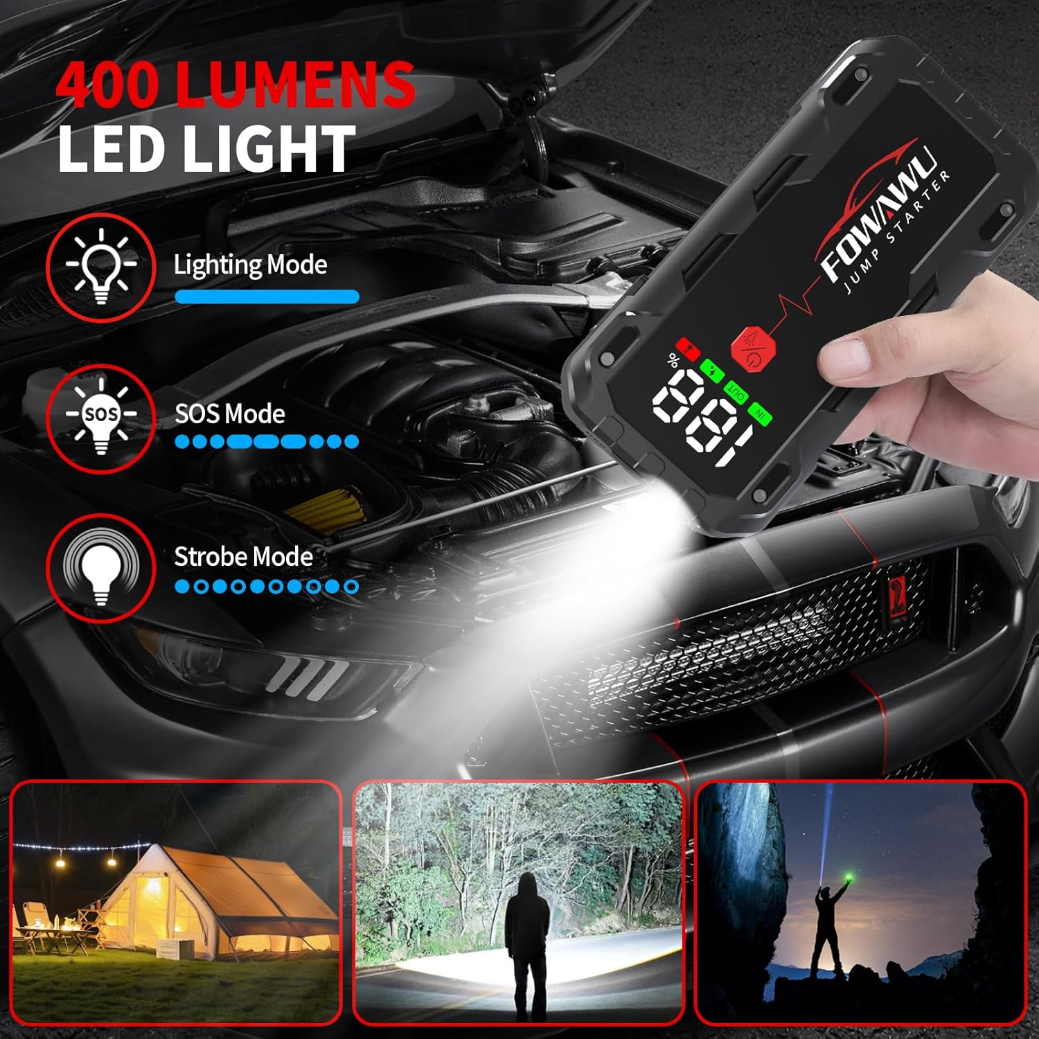 FOWAWU 26800 mAh 7000 A Peak Jump Starter for 12 V Vehicles (12 L Petrol / 10 L Diesel) and Moto, Car Battery Jump Starter Power Pack with Smart Jumper, 5 * 3.5 CM Large Screen and LED Torch