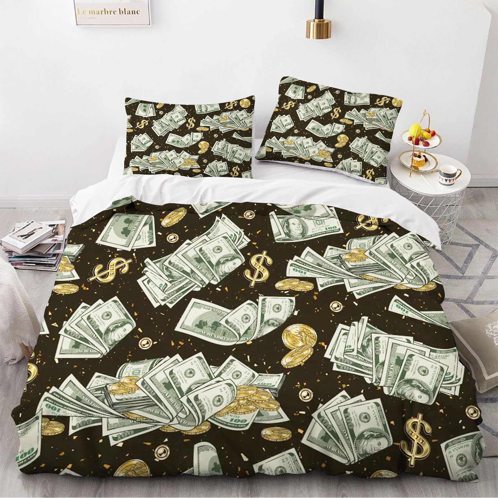 Ropa de cama de 135 x 200 cm, con billetes en efectivo, funda nórdica para niños, billetes de 100 dólares, suave microfibra, juego de ropa de cama con cremallera y 2 fundas de almohada (5,