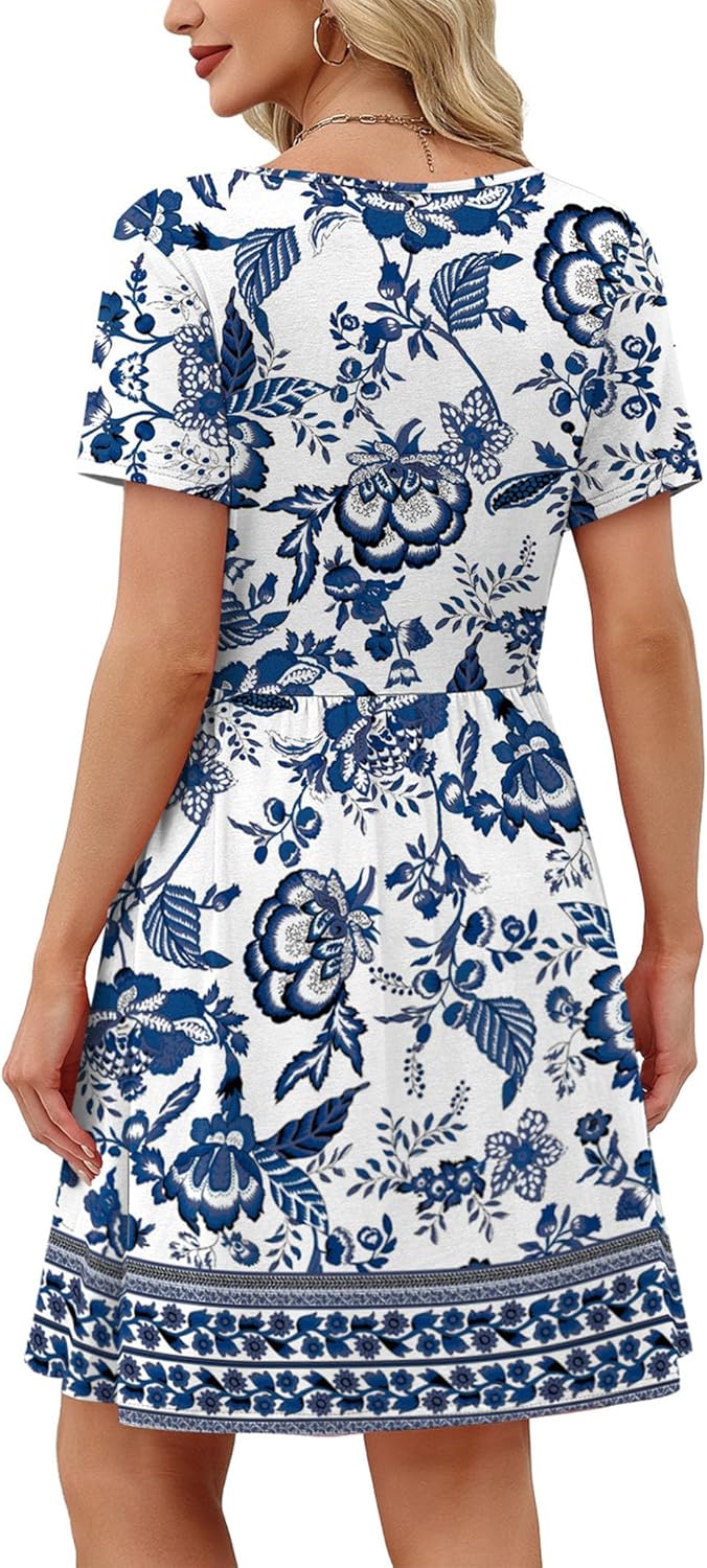 OFEEFAN Womens Summer Dresses 2025 Short Sleeve Square Neck Casual Sundresses with Pockets A-Line Color Block - Image 5