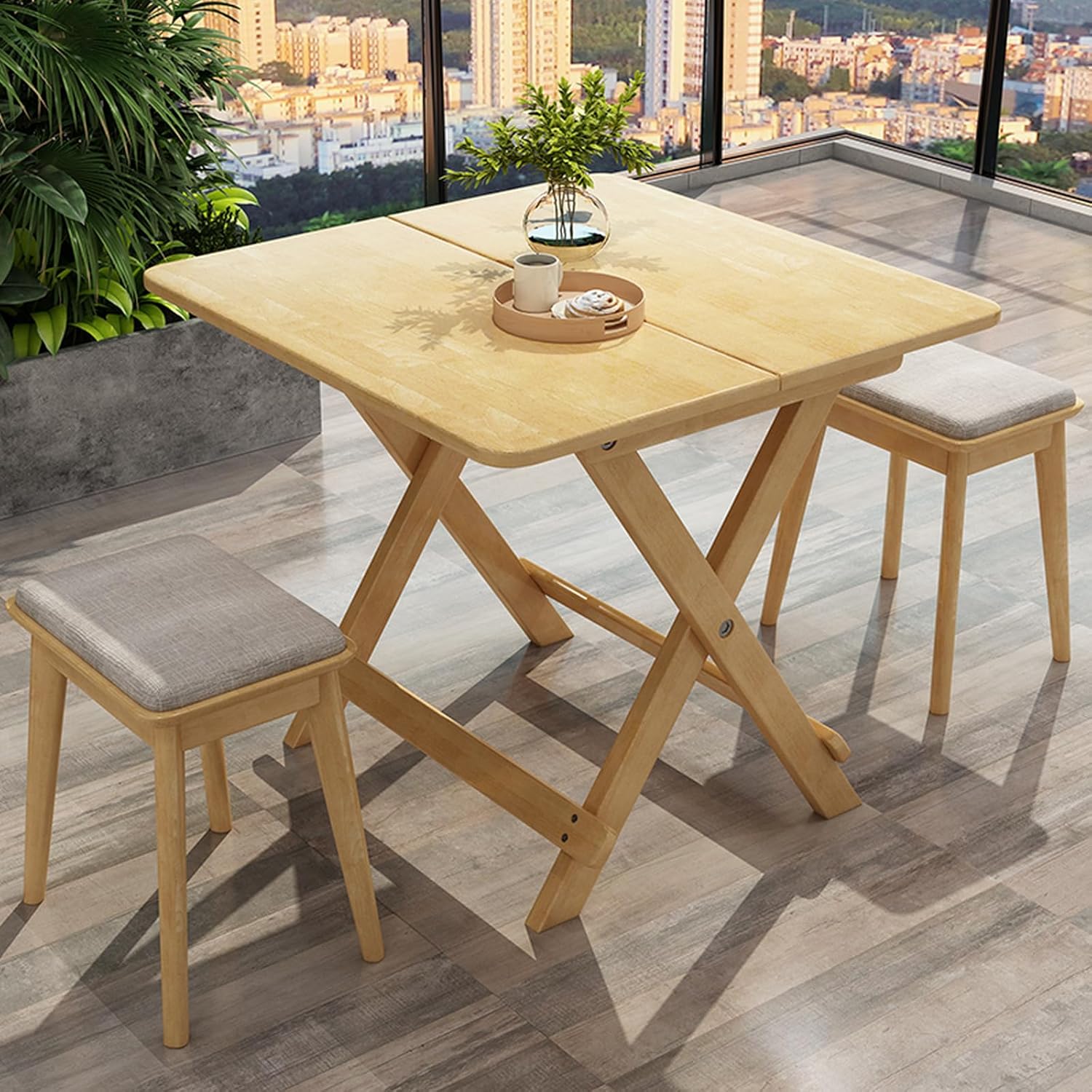Folding Dining Table, Wood Square Kitchen Table Outdoor Patio Folding Picnic Table, Space-Saving for Garden & Balcony, No Assembly(31.49" D x 31.49" W x 29.52" H, Natural)