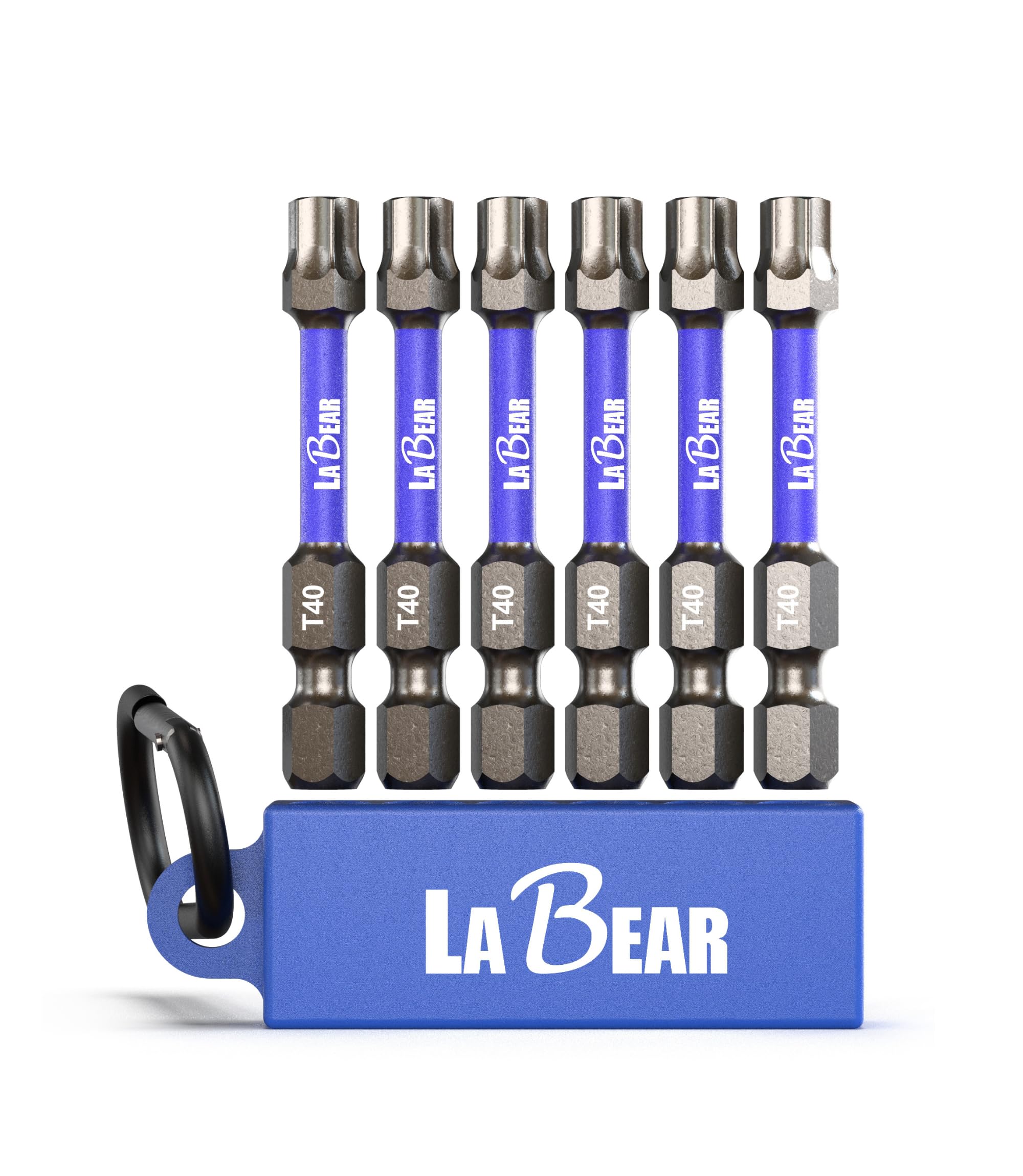 LABEAR- 6pc. T40 TORX 2" long, Impact Driver Screwdriving Power Bits Set with a Carabiner, S2 Steel