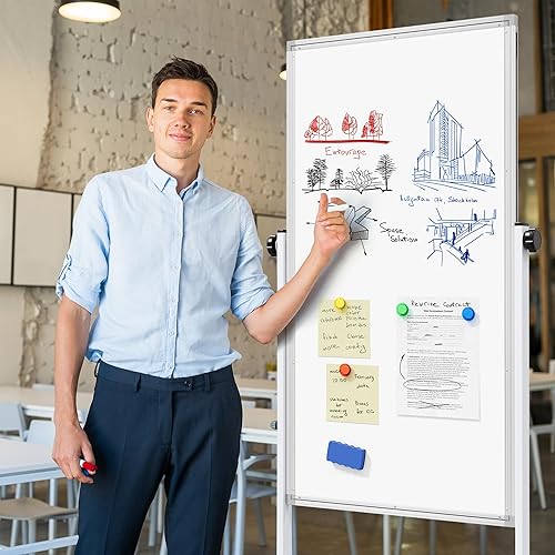 Miniatura 2 de Pizarra blanca rodante sobre ruedas, 48 x 24 pulgadas de altura ajustable con soporte, pizarra blanca magnética móvil grande de doble cara de pie