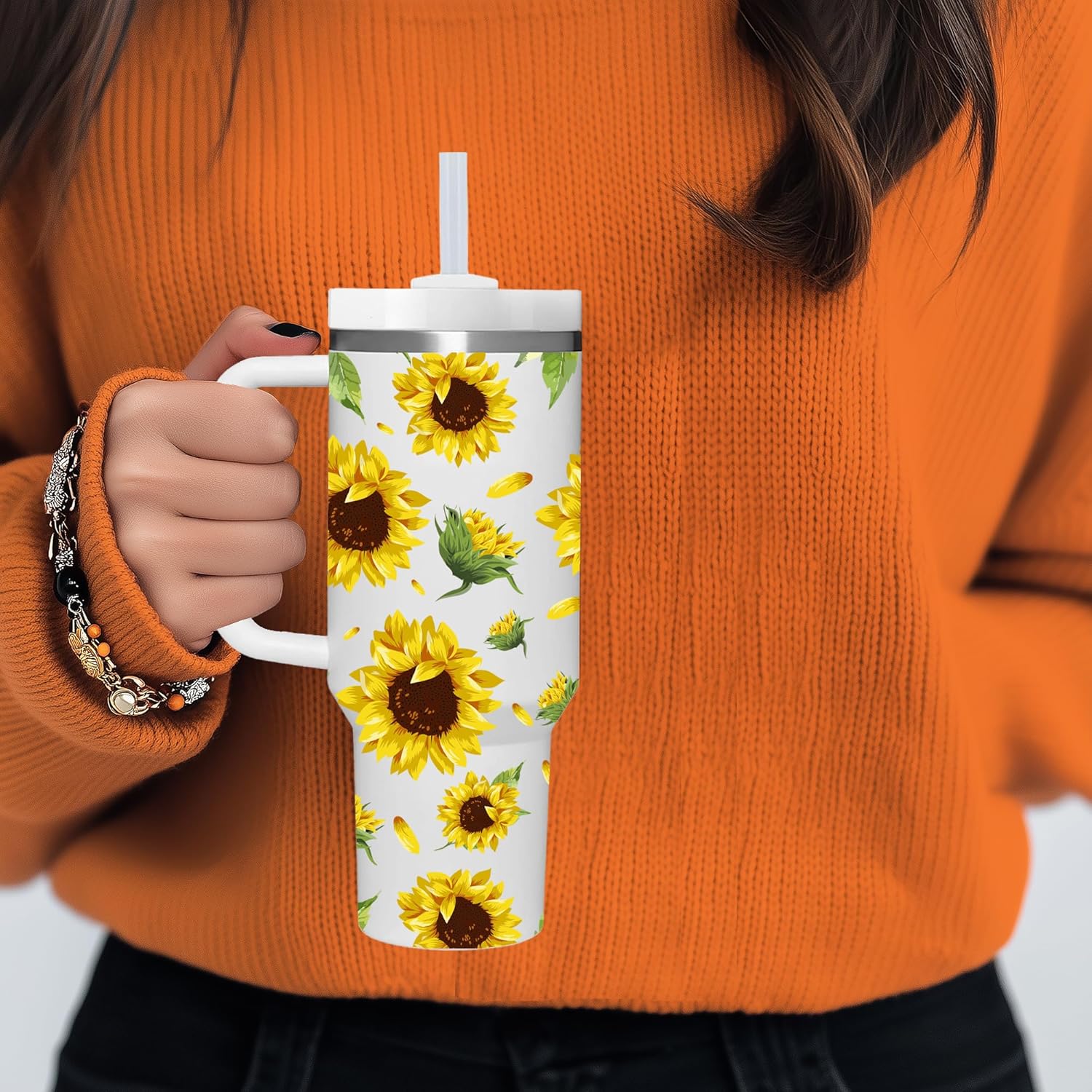 AMZUShome 40 OZ Sunflower Tumbler with Handle.Sunflower Lover Gifts.Unique Birthday Christmas Gifts for Sunflower Lover.Personalized 40 OZ Sunflowers Tumbler Gifts for Women Men. - Image 3