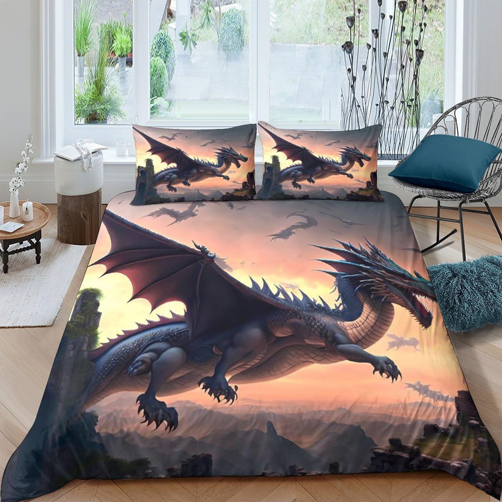 Ctjqhvkz Style-10 3D Printed Dragon Sunset Fitted Sheet Microfiber Anti-Slip Bed Cover Fantasy Sky Bedroom Decor Machine Washable Single（135X200cm）