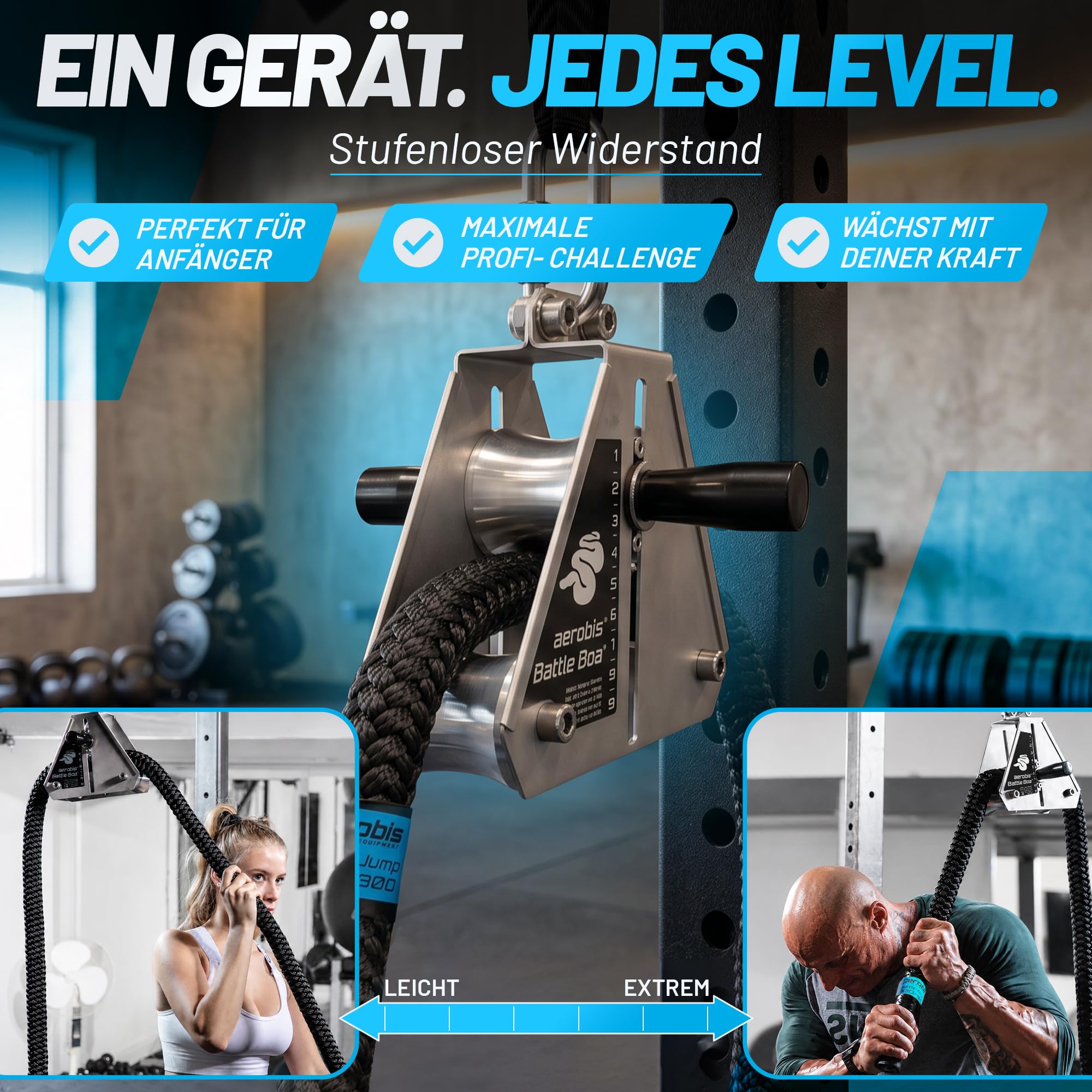 aerobis® Battle Boa – Battle Rope – Battle Ropes jusqu'à 60 mm comme appareil d'entraînement pour la force et l'endurance – Résistance réglable librement – Intérieur et extérieur