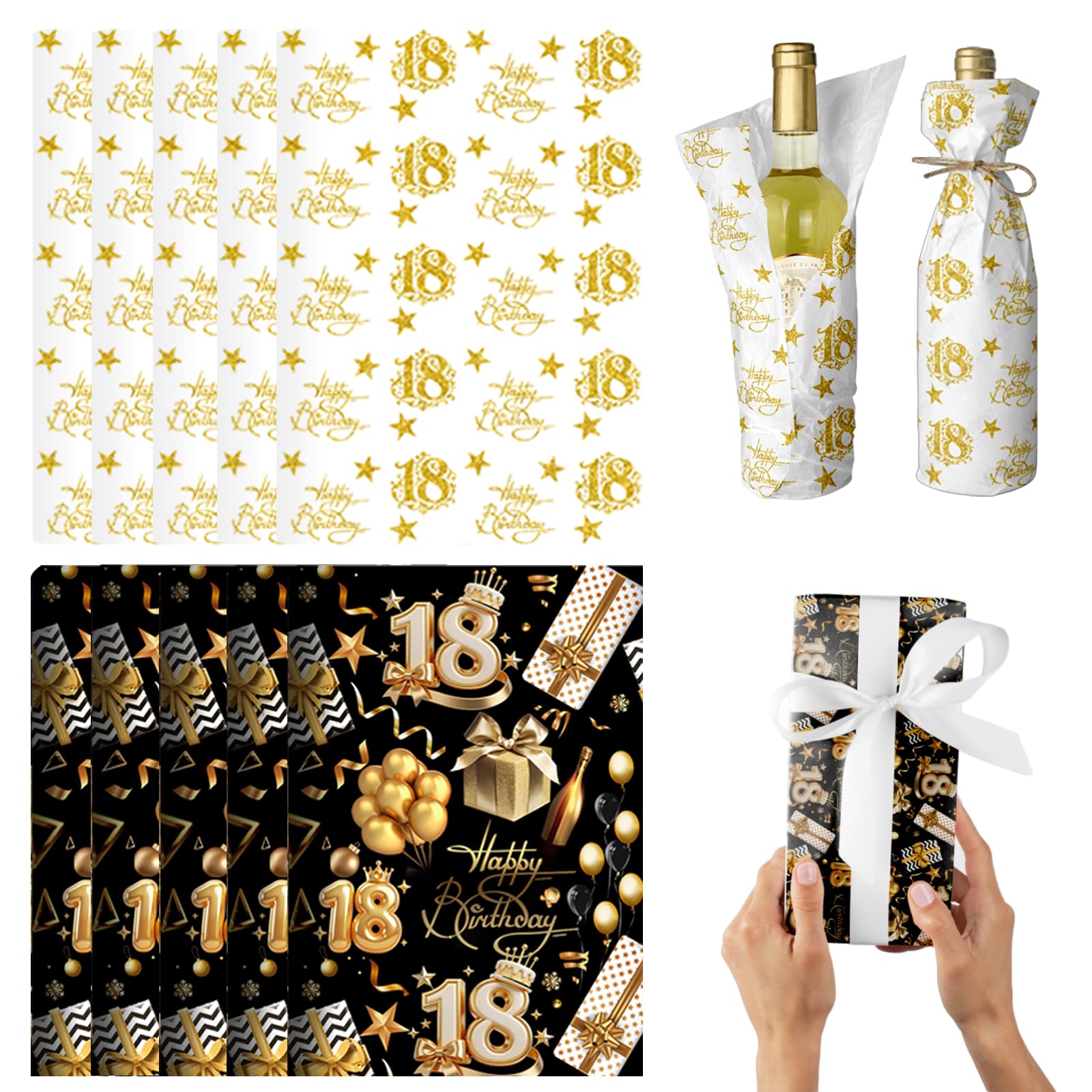 POPOYU 10 Pcs 18th Birthday Wrapping Paper,35x50cm Gift Wrapping Paper Sheets for 18thBirthday,Black Gold Gift Wrapping Paper Sheet for 18thBirthday,Happy Birthday Wrapping Paper for Birthay Gift Wrap