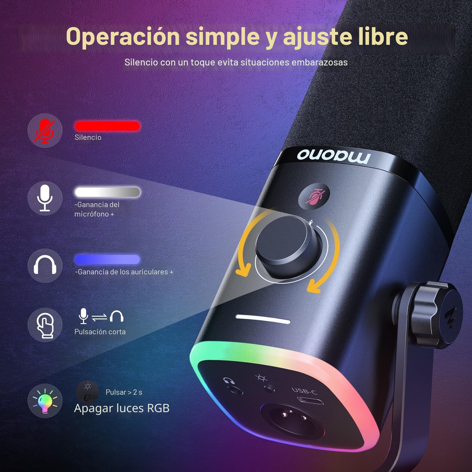 MAONO Micrófono dinámico para Juegos: micrófono dinámico USB XLR para computadora con Software-RGB para PC, Kit de micrófono para Gamer-Podcast, para Estudio de grabación de Streaming