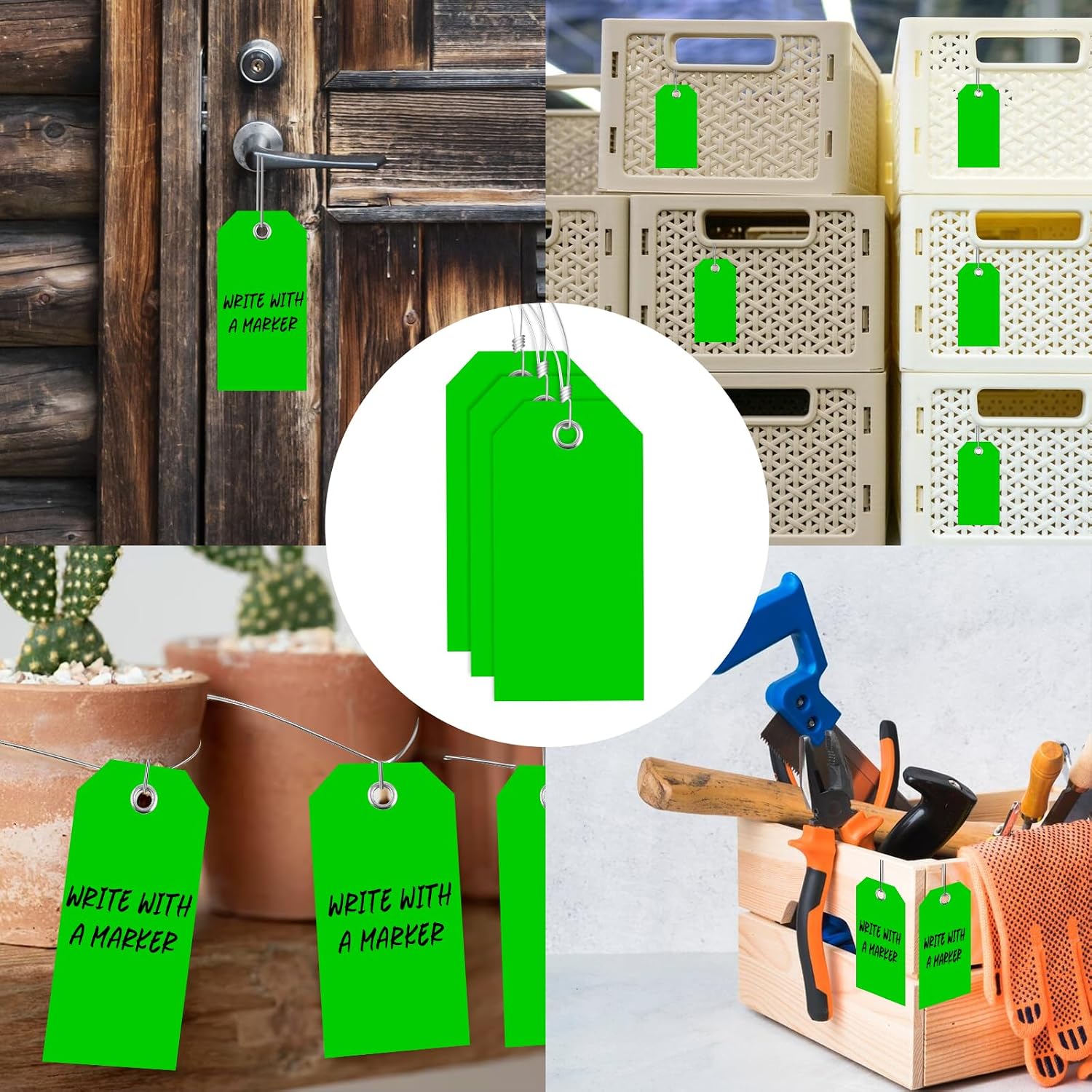 100 Pieces 2x4 inch Green Plastic Shipping Tags with Wires Heavy Duty Hang Tags with String Waterproof Labeling Tags with Reinforced for Gift Luggage Garage Inventory image 4