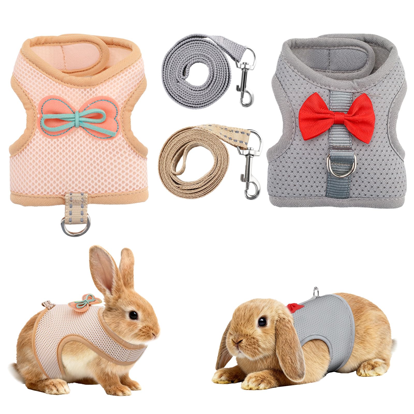2-Pack Polyester Rabbit Harness and Leash Set - Escape-Proof Adjustable Small Animal Harness with 47.2in Leash and Rotatable D-Ring (Khaki+ Deep Space Grey, s)
