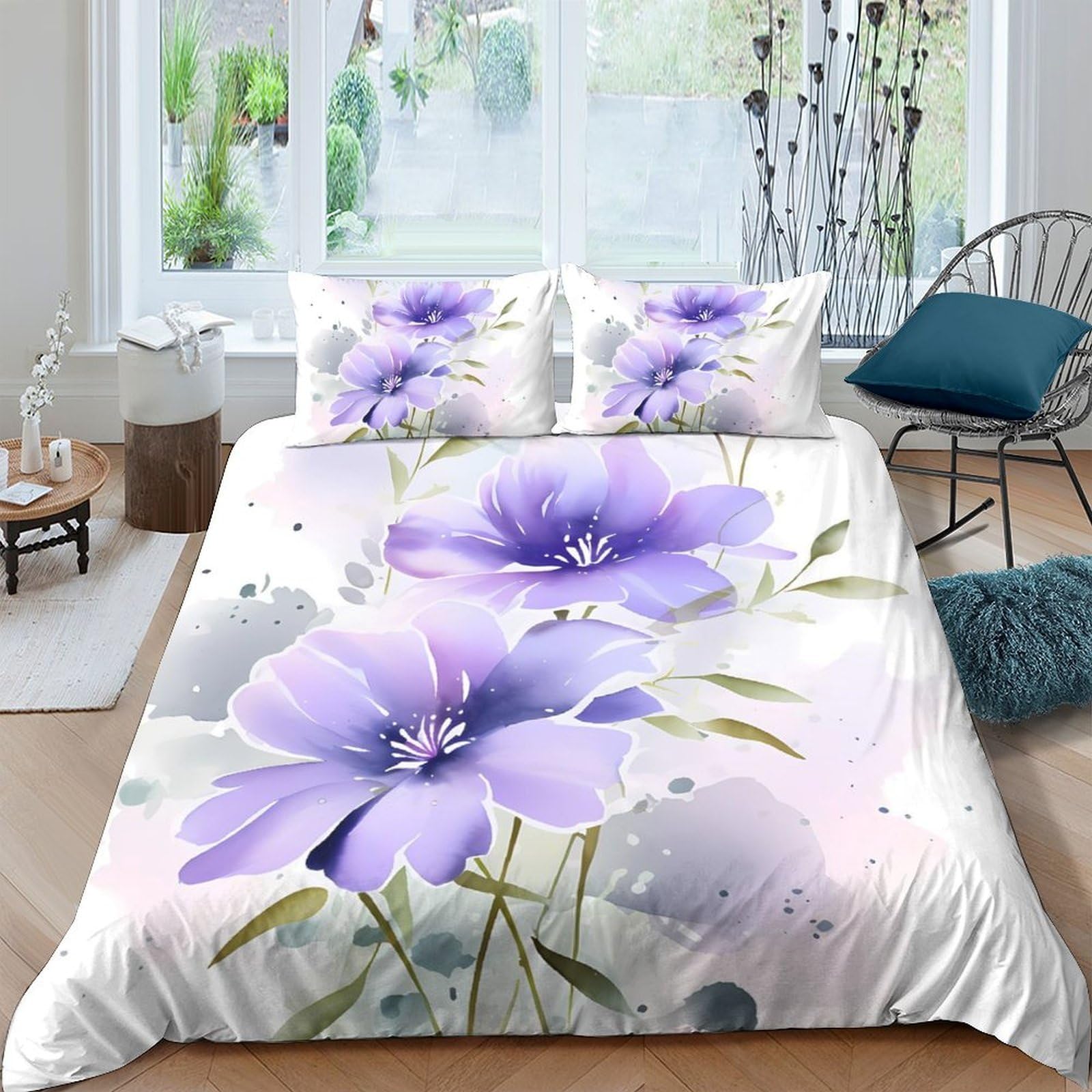 GPLZQXKJNH 3D Printed Purple Floral Duvet Cover Microfiber Soft Breathable Watercolor Blossom Bedding Set with 2 Pillowcases for Bedroom Décor Single（135x200cm）