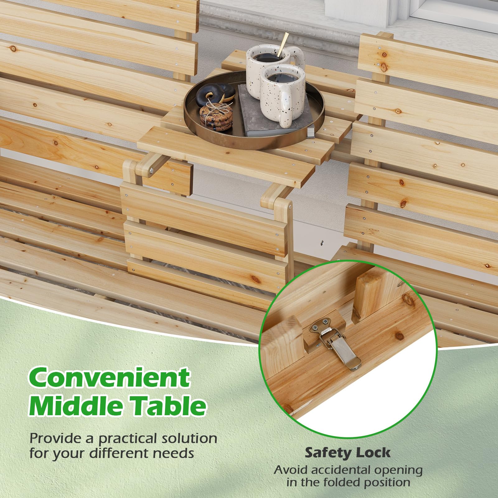 GIANTEX Gartenbank mit Tisch, Massive Holzbank mit klappbarem Mitteltisch, Sitzbank Bank 3 Sitzer, Parkbank ergonomisch mit Rücken- & Armlehnen, Garten Balkonbank Terrassenbank bis 320 kg belastbar
