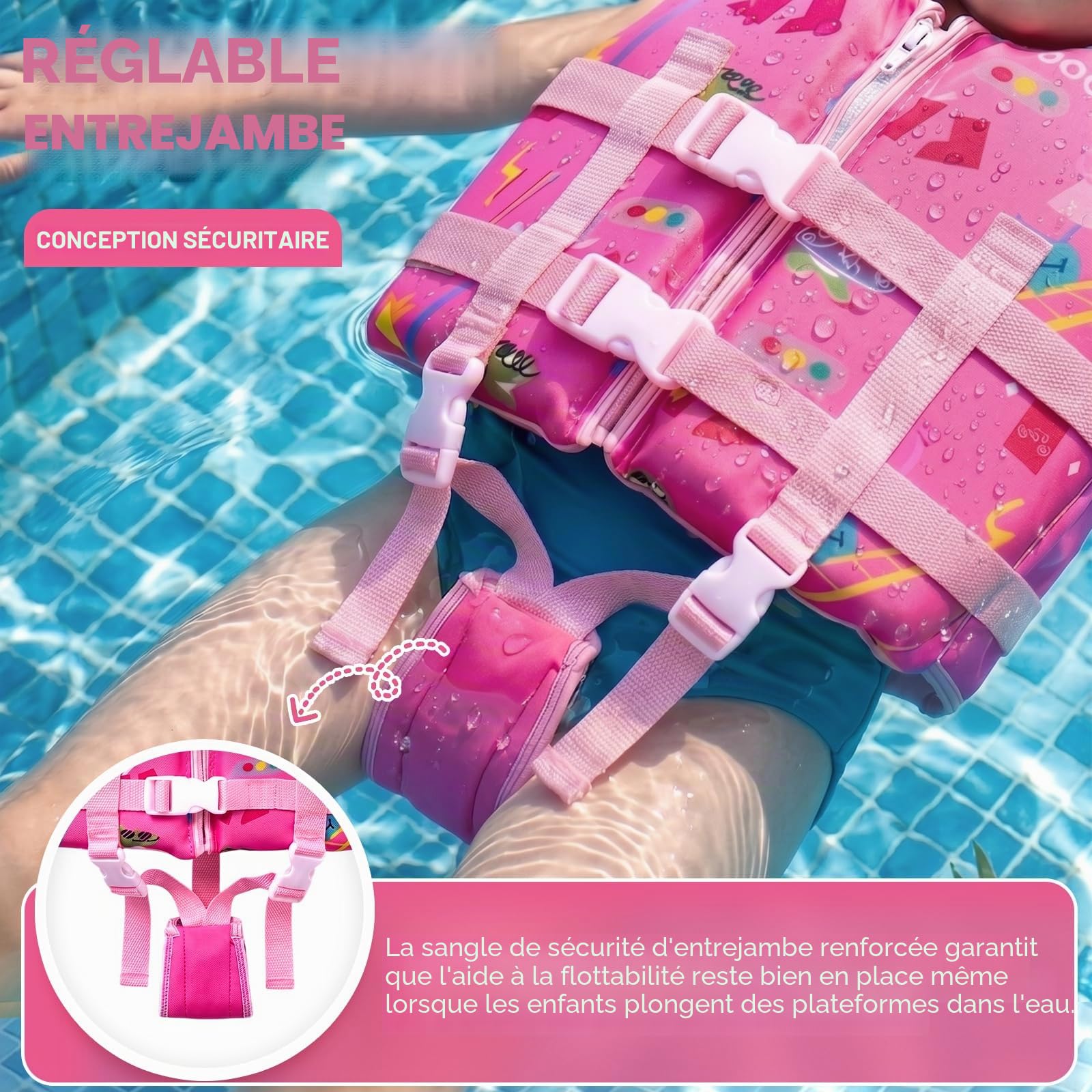 Gilet de Natation pour Enfants - Aide à la Natation avec Bretelles de Sécurité Réglables pour Enfants de 15-35kg/2-9 Ans, Convient pour Piscine Plage et Cours de Natation