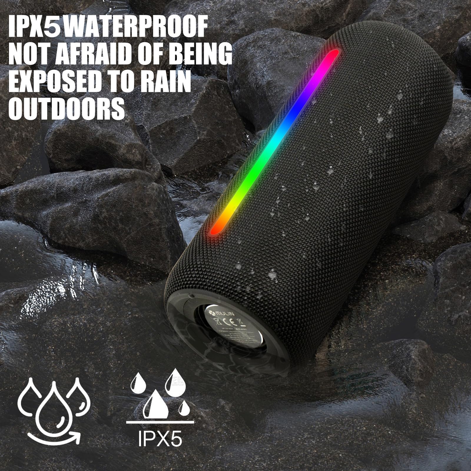 MU Enceinte Portable Bluetooth 5.3 sans Fil avec Bass Puissantes,Étanche à l’Eau et à la poussière, Subwoofer à 360 Degrés, Autonomie 24 hrs, Double Appairage Stéréo, Lumière LED