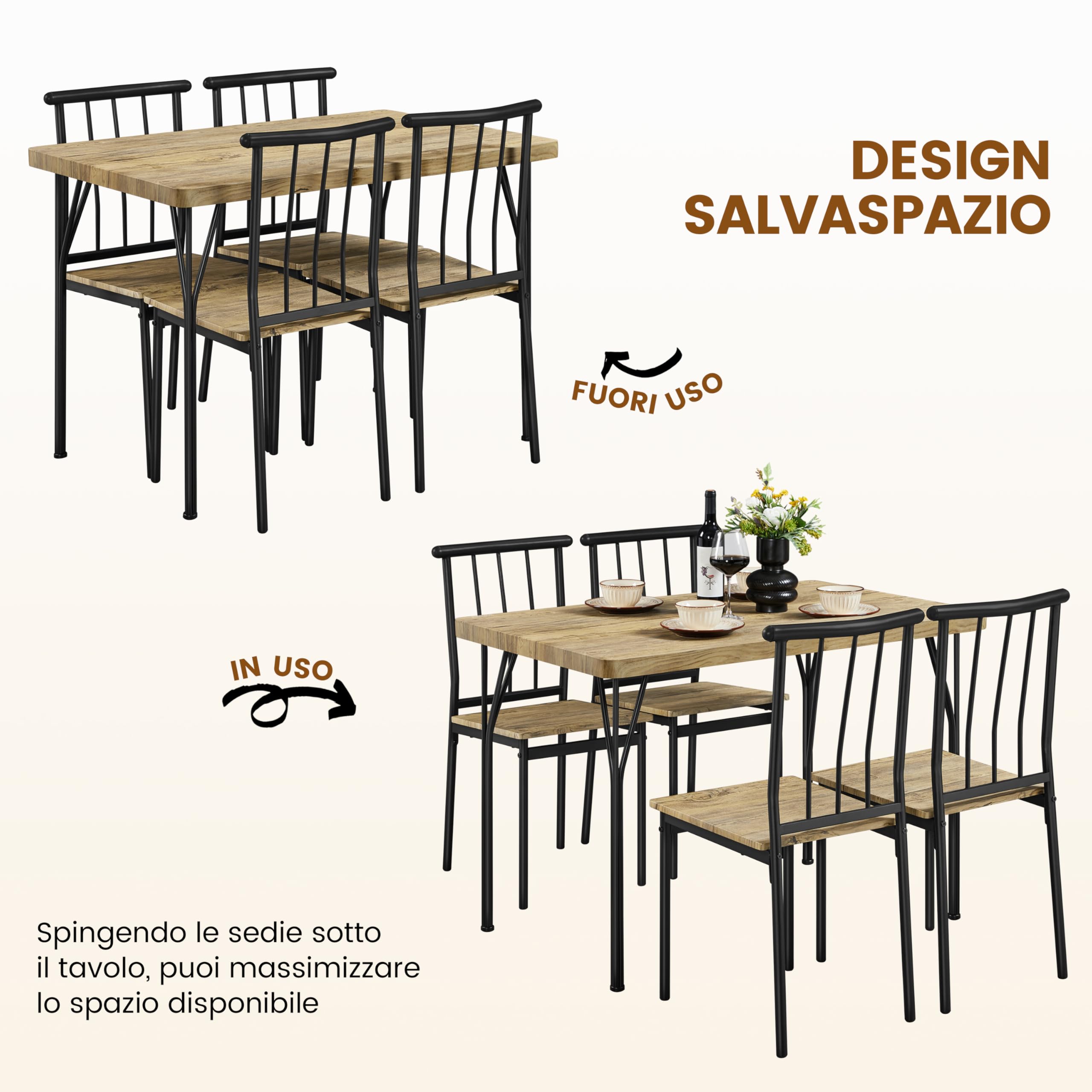 Yaheetech Tavolo da Pranzo con 4 Sedie Industriale Set 5 Pezzi Mobili da Bar Cucina Soggiorno Retro Salvaspazio in Legno e Metallo Marrone Tavolo 110x70x76.5cm Piano Spesso 4cm