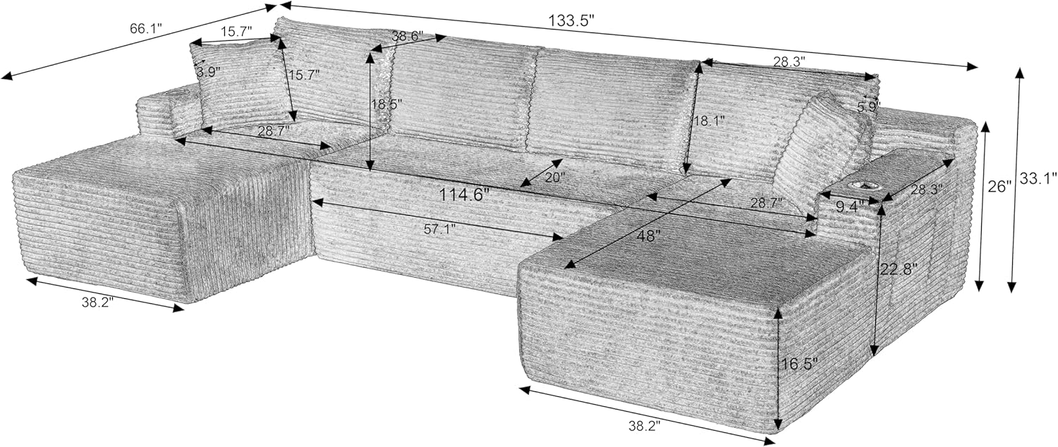 Minimalist Modular U-Shaped Sectional Sofa Set – Corduroy Cloud Couch with Pocket Spring Support | No-Assembly, Customizable Layout for Living Room/Apartment/Guest Room (Black)