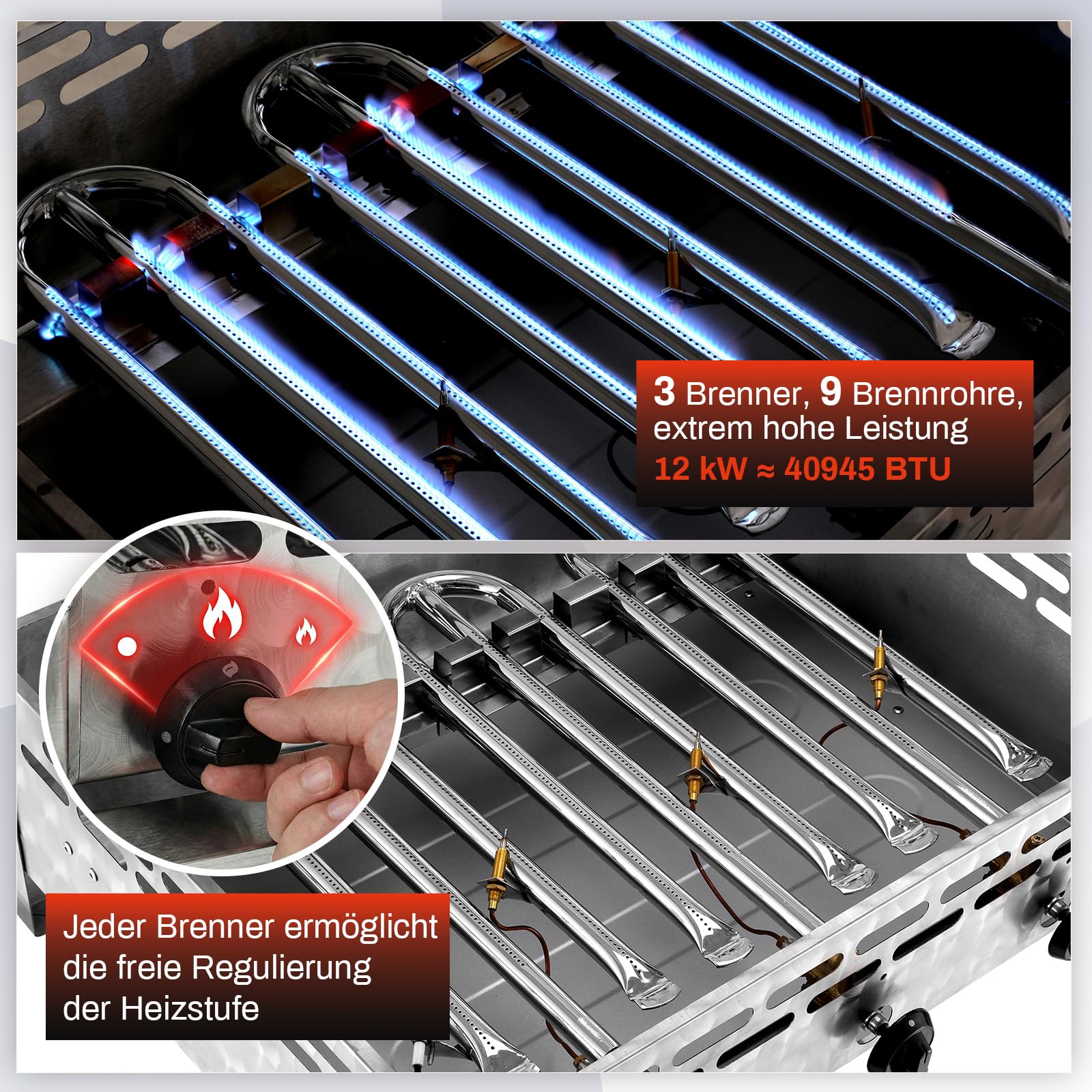 TLSUNNY Edelstahl Gasbräter 3-flammig 12 kW, Profi Gasgrill, Gastrobräter gas mit Grillrost, Tischgasgrill für Gastronomie, Outdoor, Garten, Wurstbrater, 59.5x48 cm Grillfläche, 4 PCS Füße