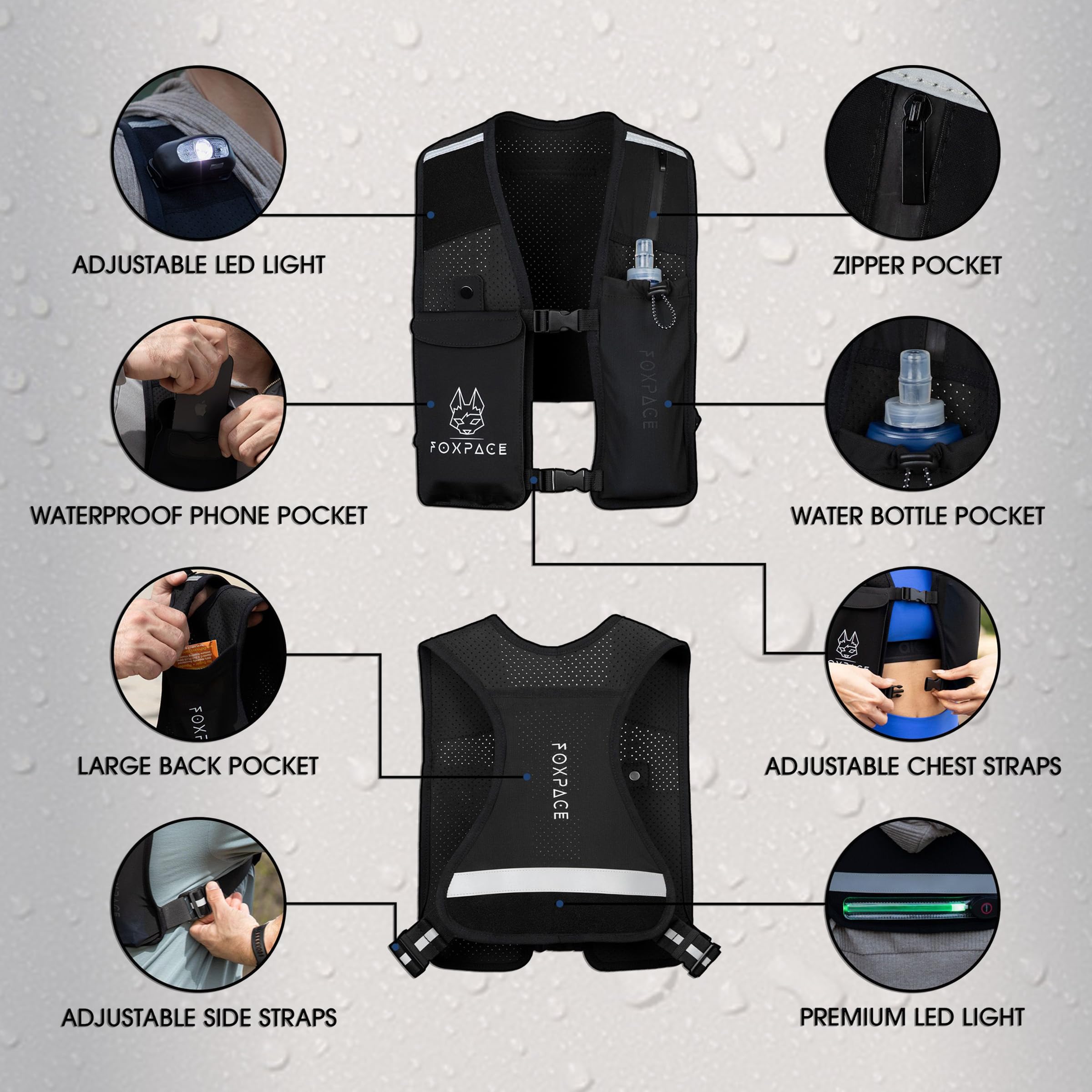 Gilet da corsa per donne e uomini, borraccia per idratazione, traspirante, regolabile, zaino per escursionismo, maratona, tasca impermeabile per telefono, riflettente a LED