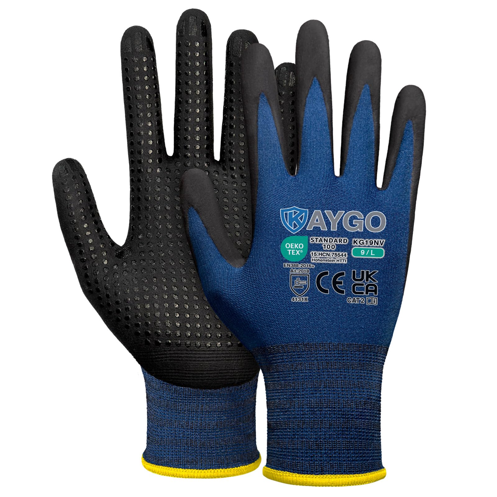 KAYGO Work Gloves with Grip Dots on Palm for Anti-Slip 12 works, KG19N, MicroFoam Nitrile Coated Light Oil Compatible