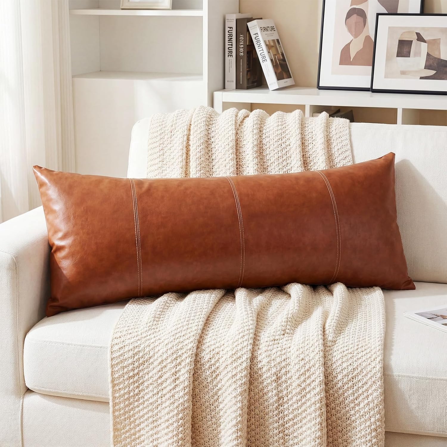 Tegeme 1 Pcs Faux Leather Long Pillow Cover 14 x 36 Inch, Boho Lumbar Decorative Throw Pillow Cover Hand Stitched Stylish Pillowcase Cushion Case for Bedroom Sofa Bench Farmhouse Room Decor(Brown)