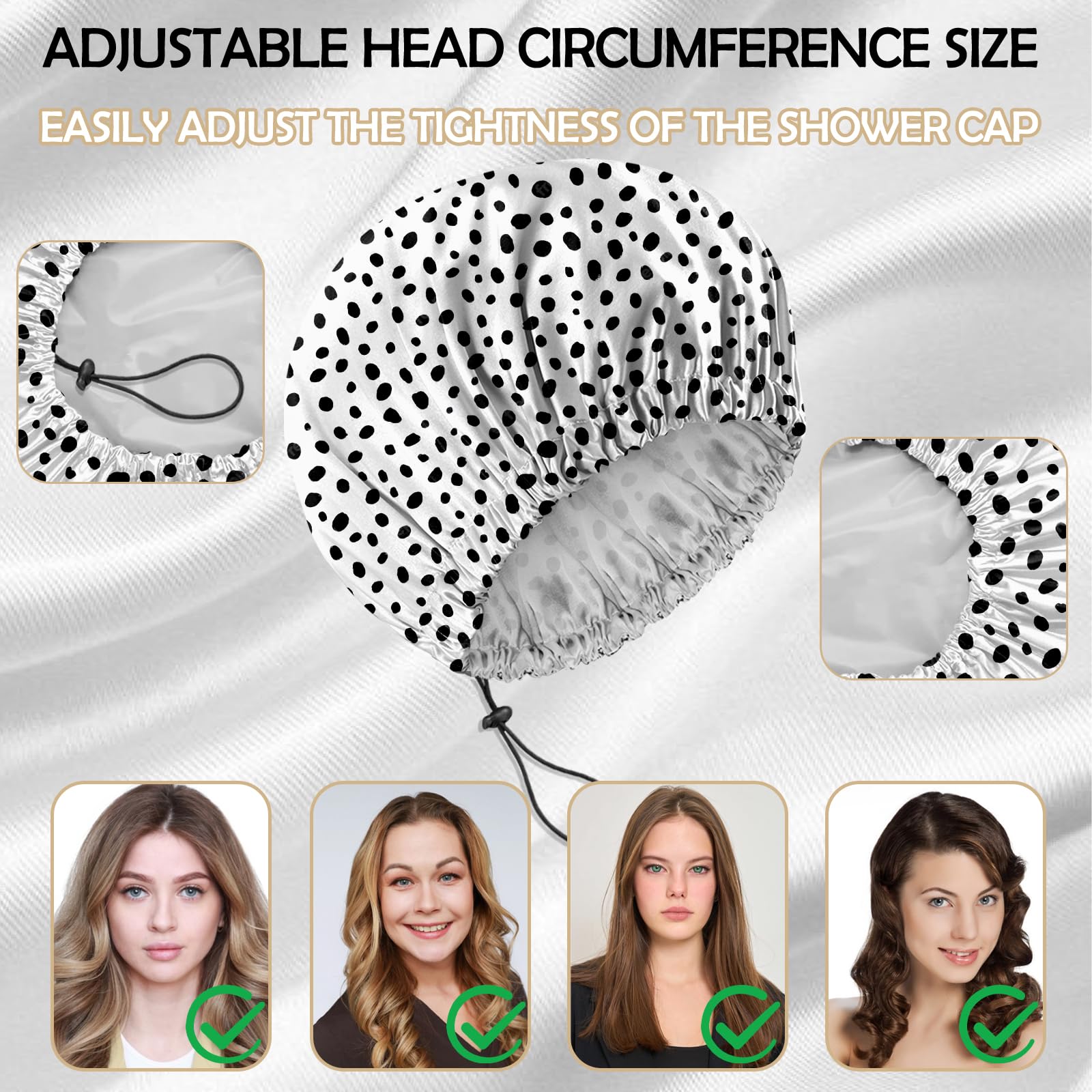 Deokke 2 PCS Shower Cap Reusable Large Waterproof Adjustable Double Layer Elastic Dry Hair Bathing Caps Aesthetic Cute for Women Girls (Q1-Spot Cowhide) - Image 4